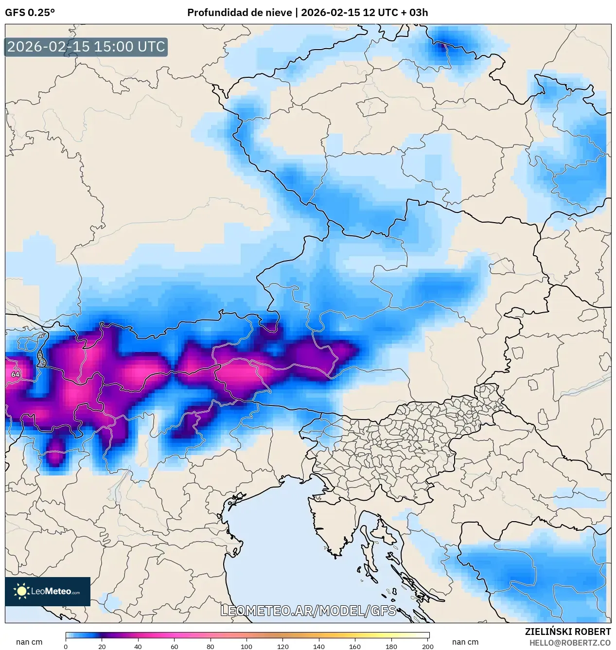 GFS model - Austria, Profundidad de nieve