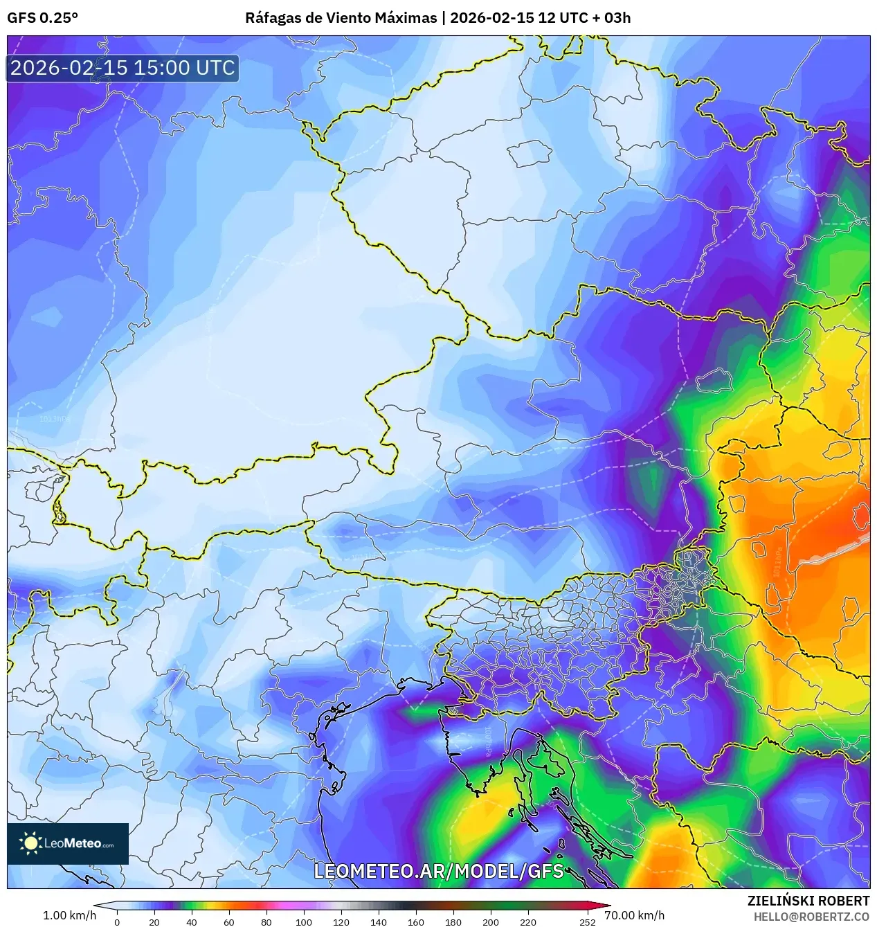GFS model - Austria, Ráfagas de Viento Máximas