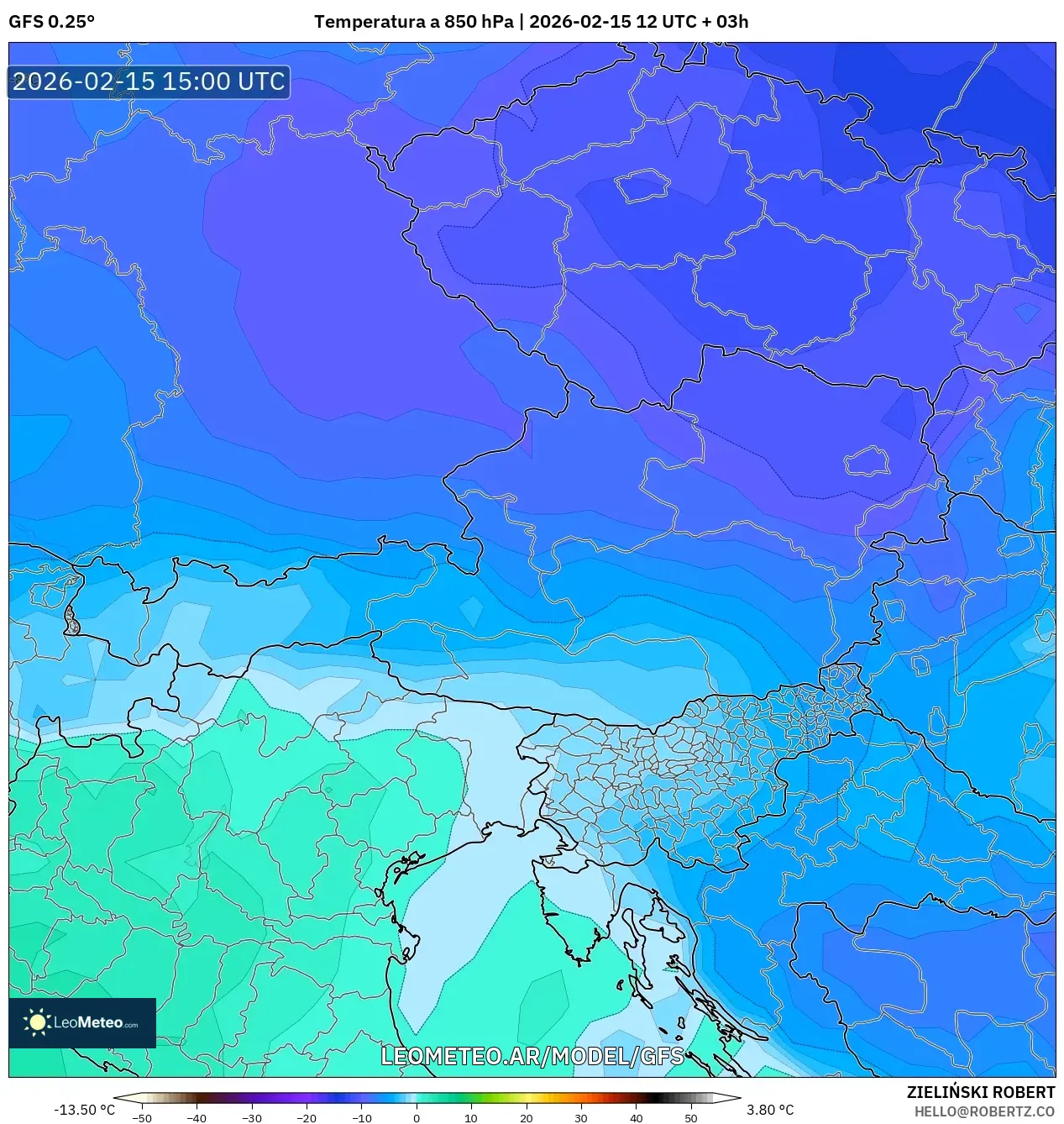 GFS model - Austria, Temperatura a 850 hPa