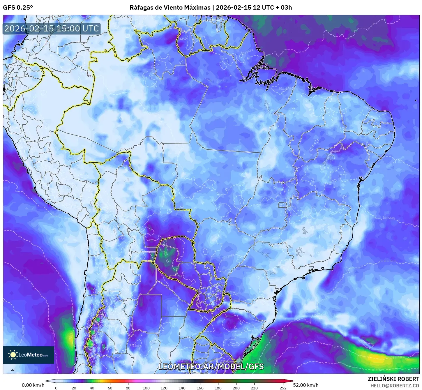GFS model - Brasil, Ráfagas de Viento Máximas