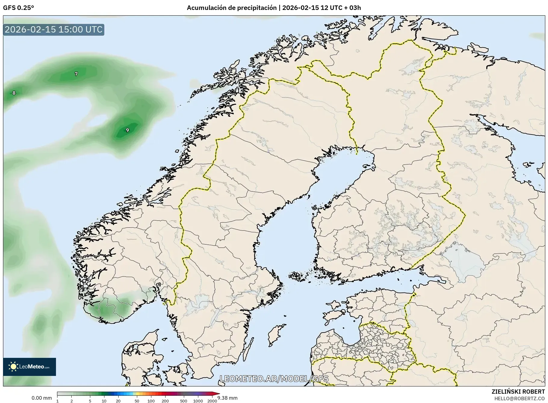 GFS model - Escandinavia, Acumulación de precipitación