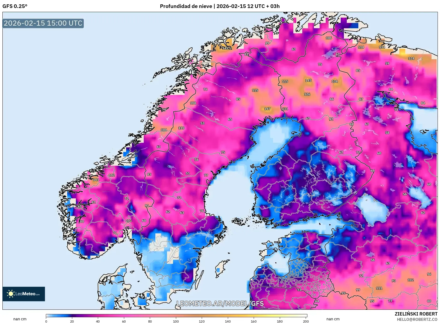 GFS model - Escandinavia, Profundidad de nieve