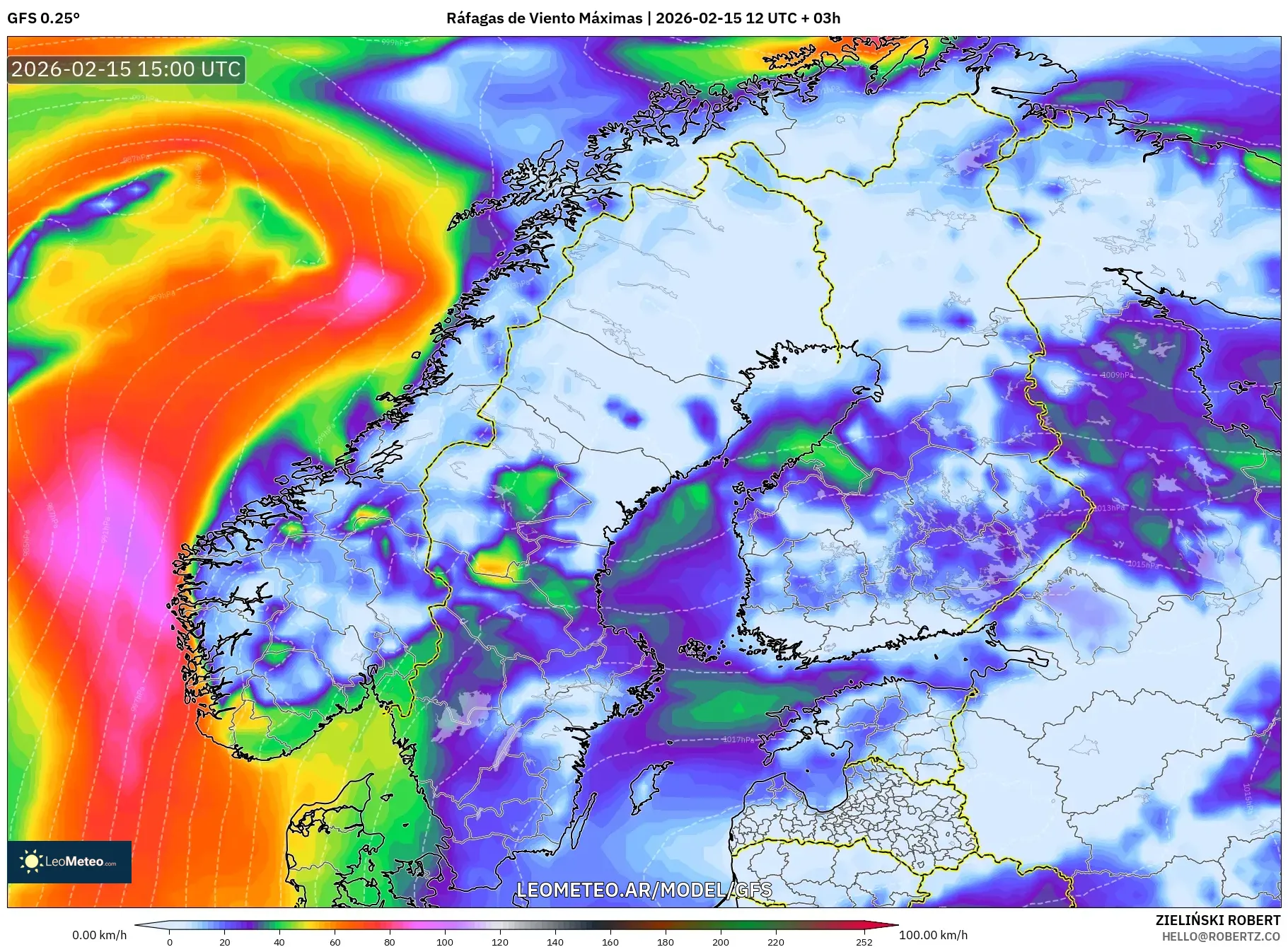 GFS model - Escandinavia, Ráfagas de Viento Máximas