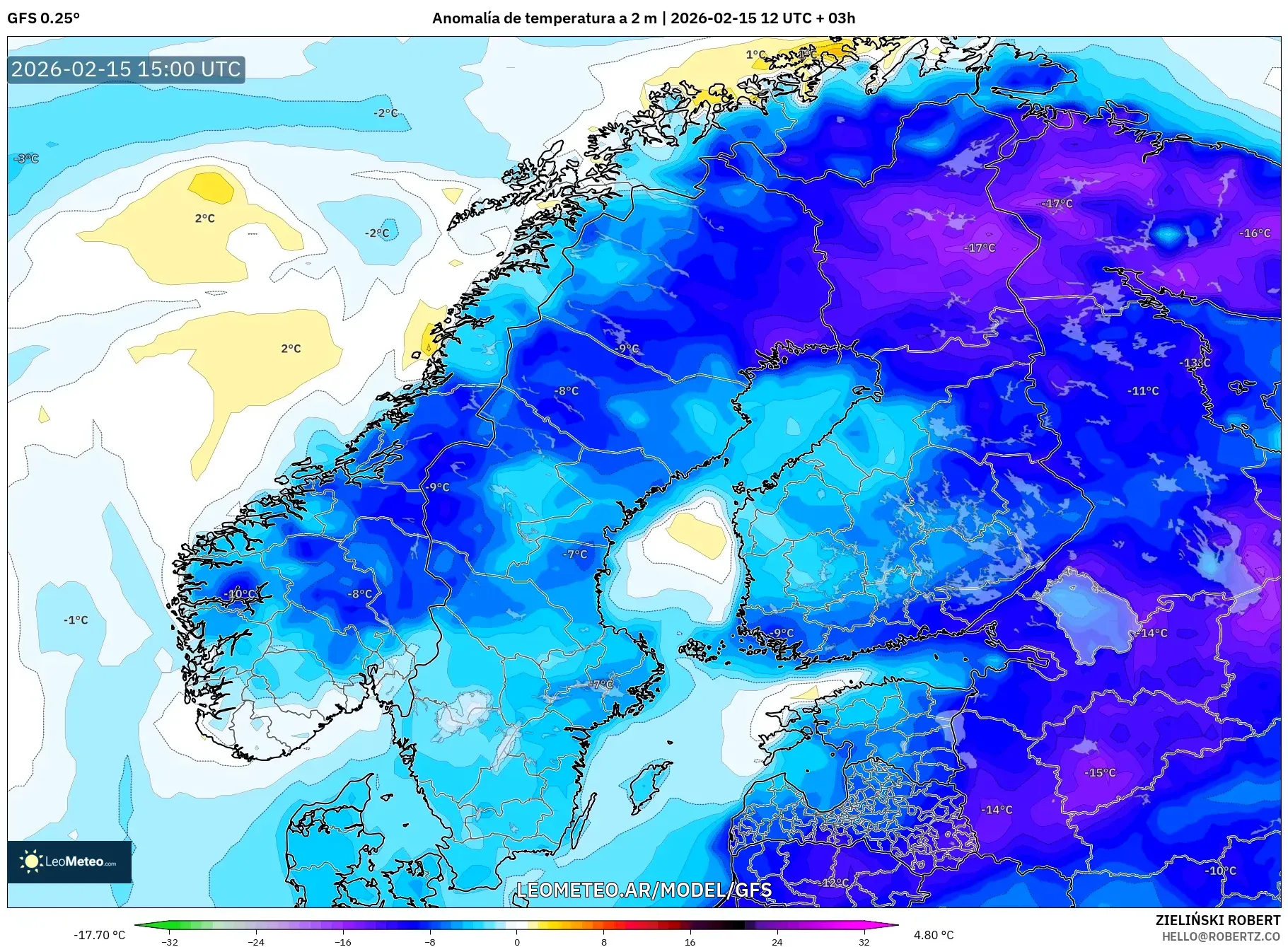 GFS model - Escandinavia, Anomalía de temperatura a 2 m