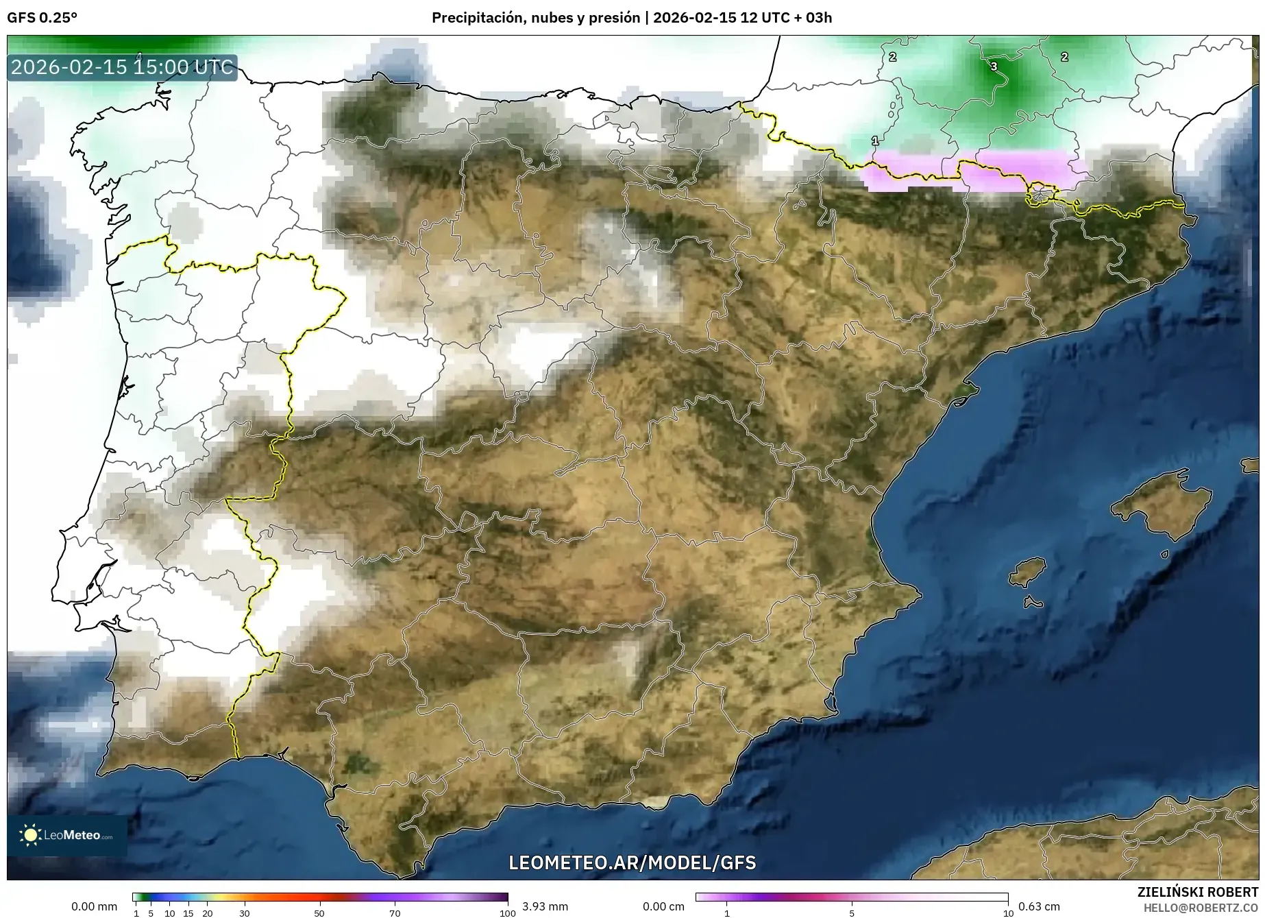 GFS model - España, Precipitación, nubes y presión
