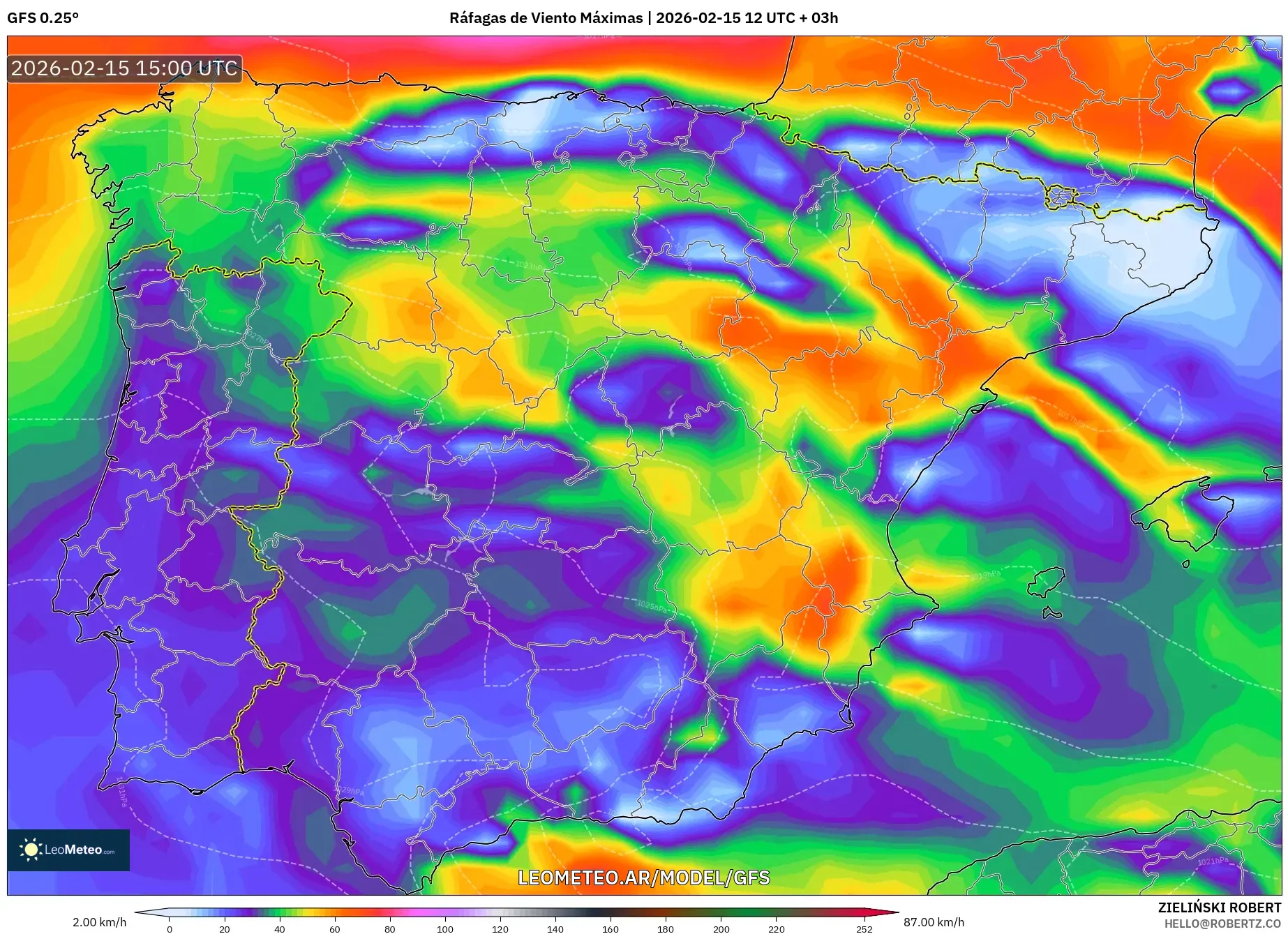 GFS model - España, Ráfagas de Viento Máximas