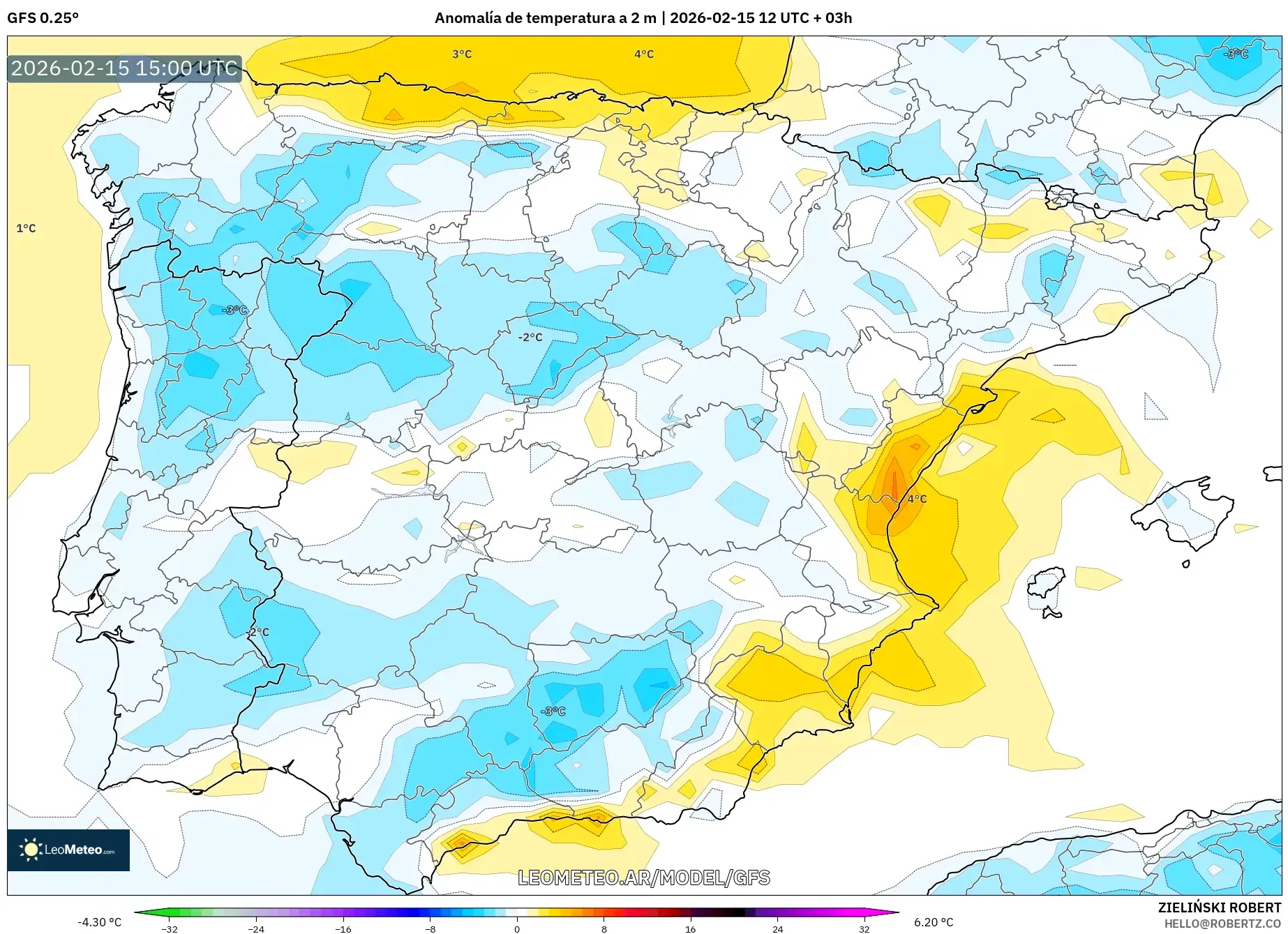 GFS model - España, Anomalía de temperatura a 2 m