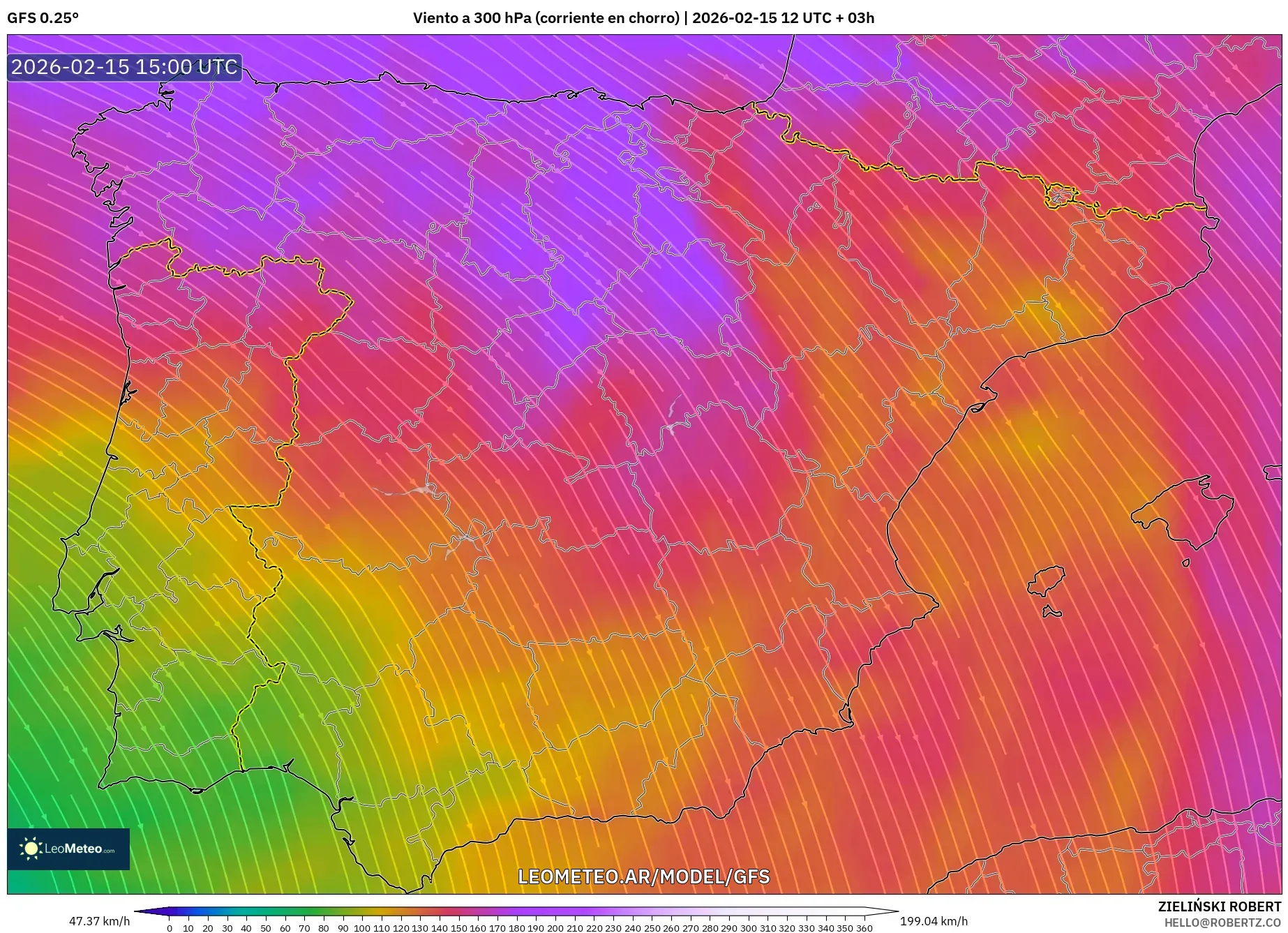 GFS model - España, Viento a 300 hPa (corriente en chorro)