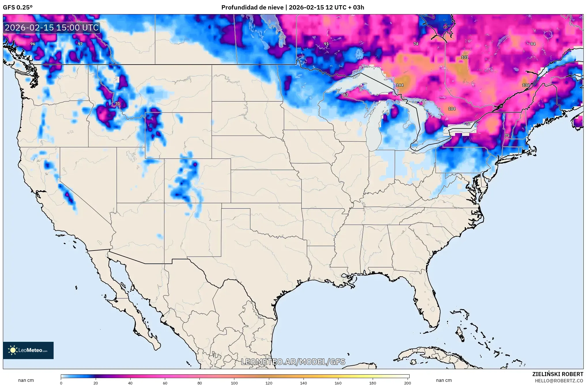 GFS model - Estados Unidos, Profundidad de nieve