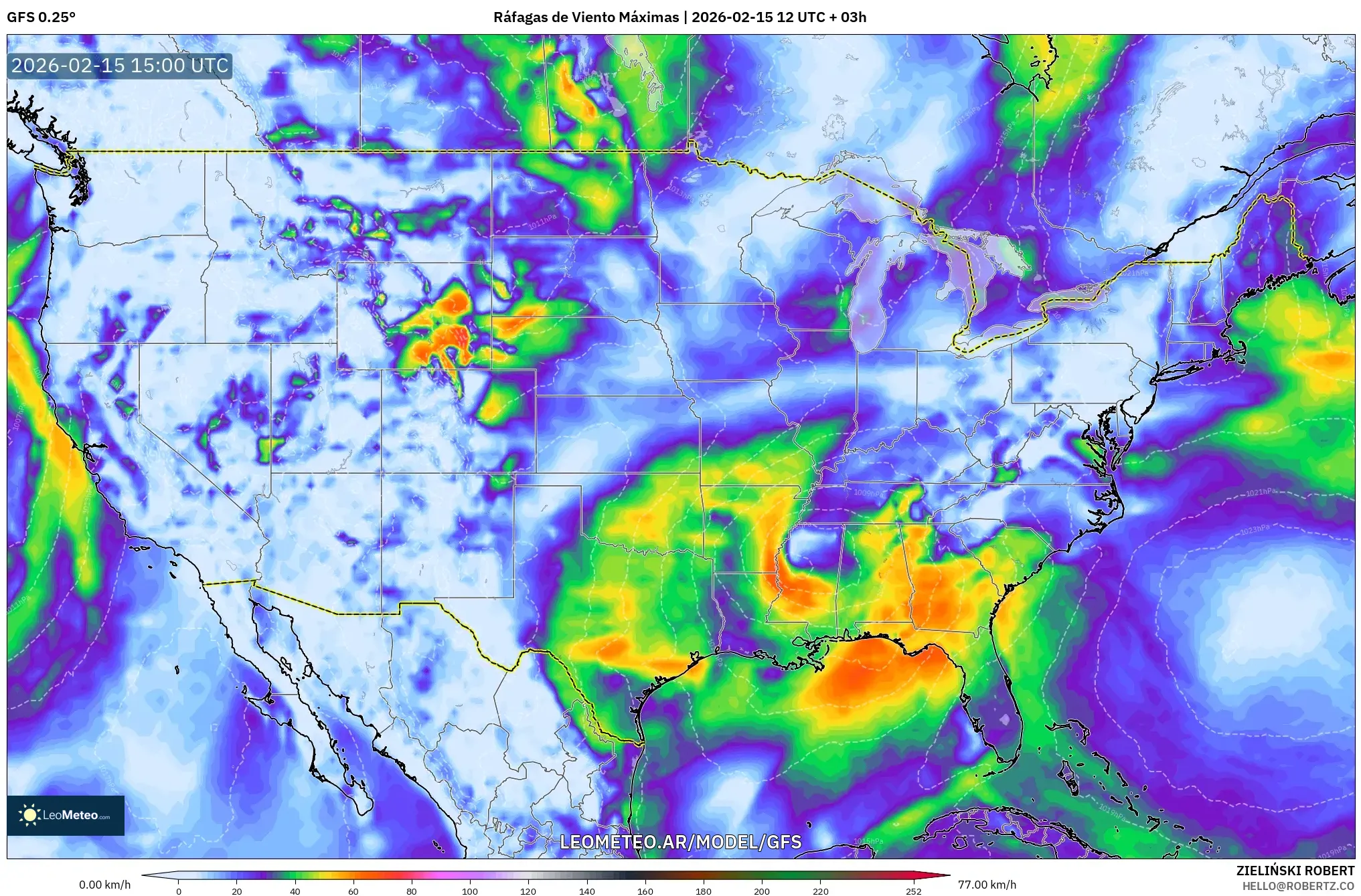 GFS model - Estados Unidos, Ráfagas de Viento Máximas
