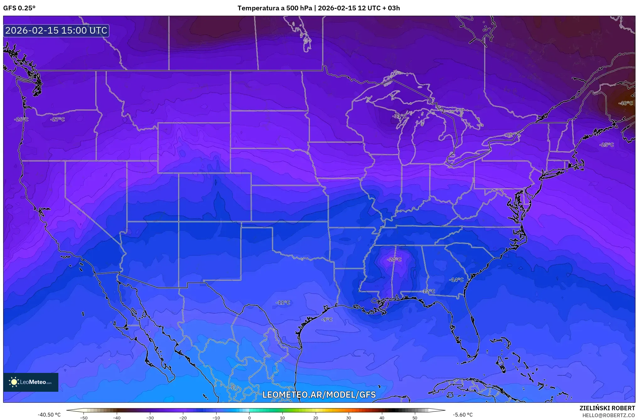 GFS model - Estados Unidos, Temperatura a 500 hPa