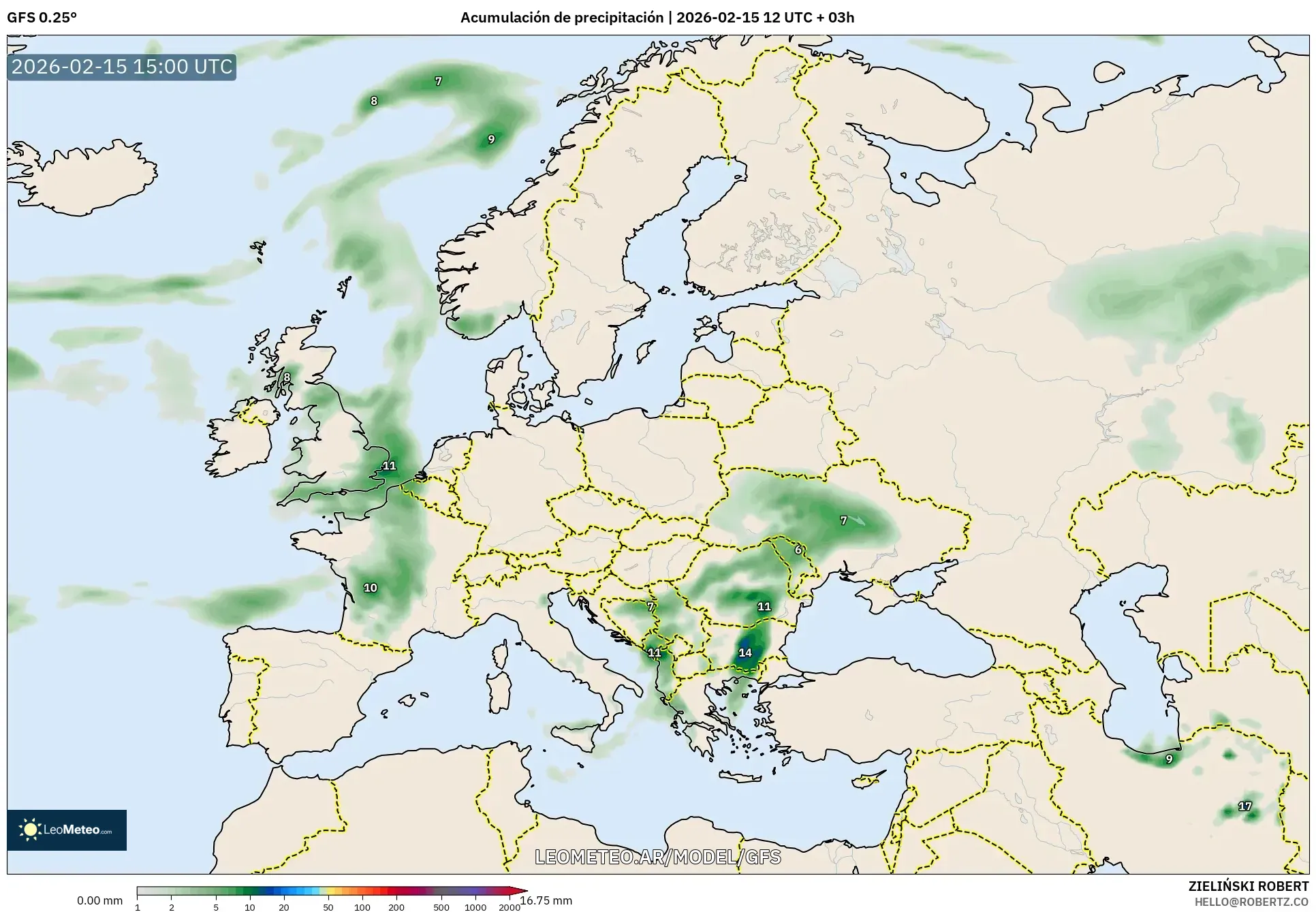 GFS model - Europa, Acumulación de precipitación
