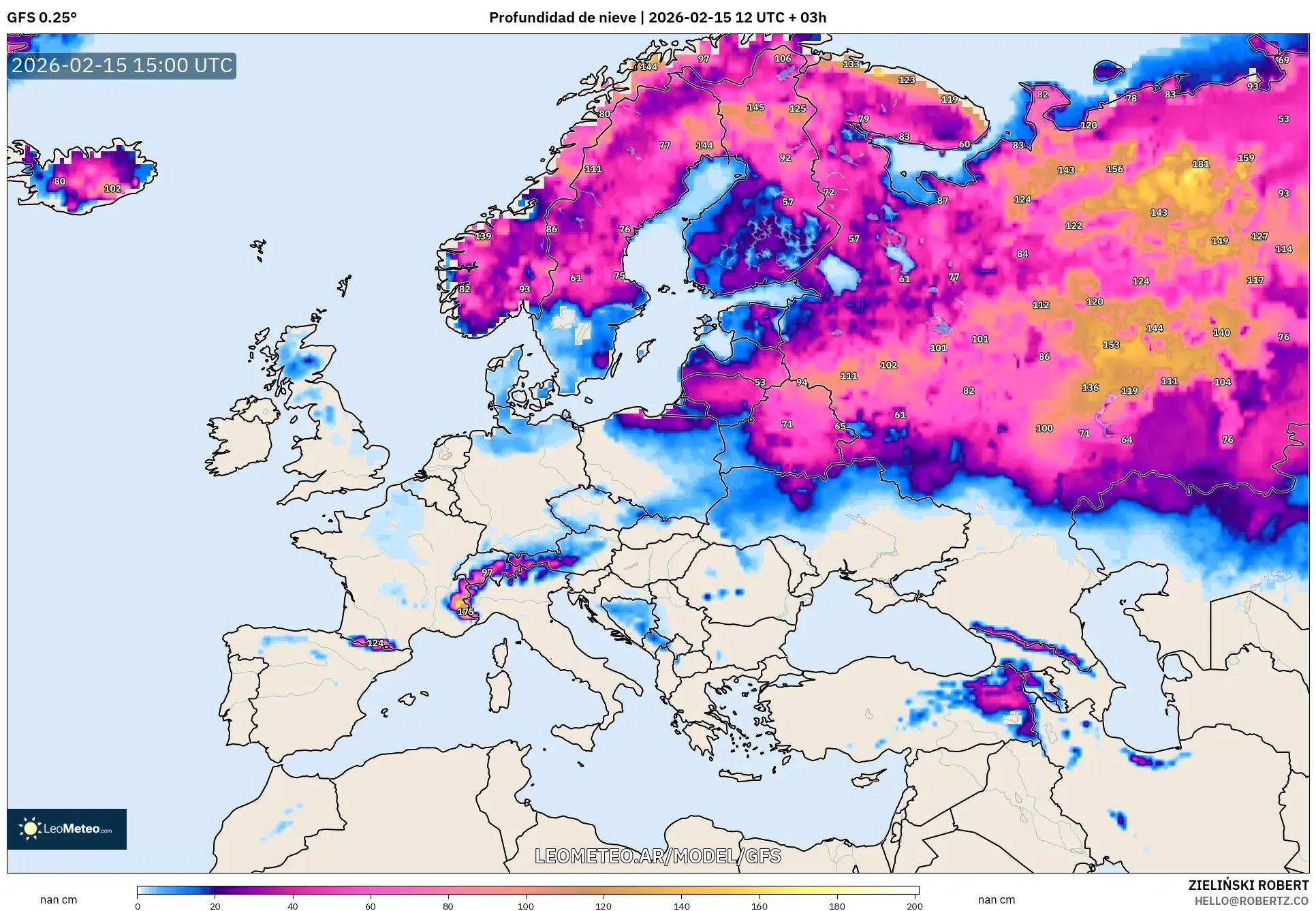 GFS model - Europa, Profundidad de nieve