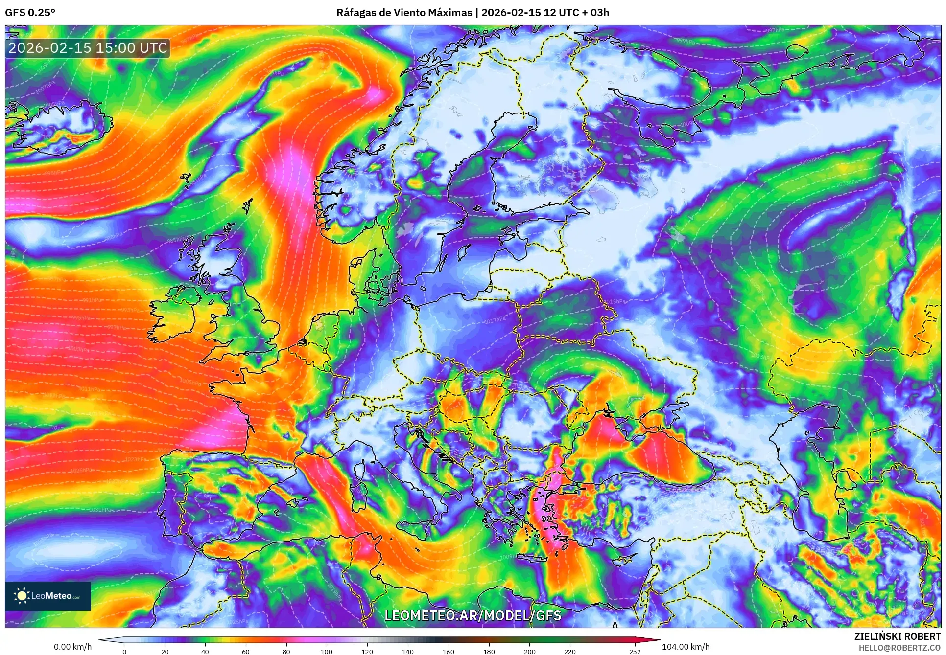 GFS model - Europa, Ráfagas de Viento Máximas