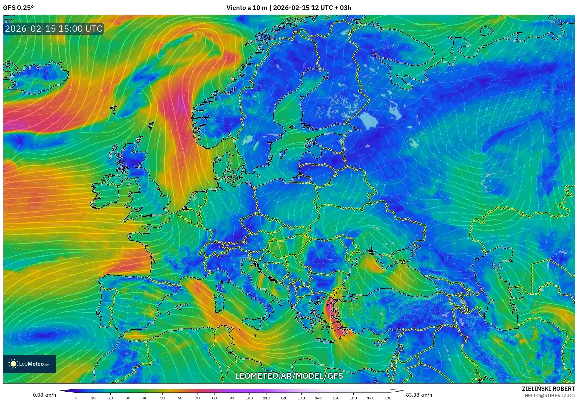 GFS model - Europa, Viento a 10 m