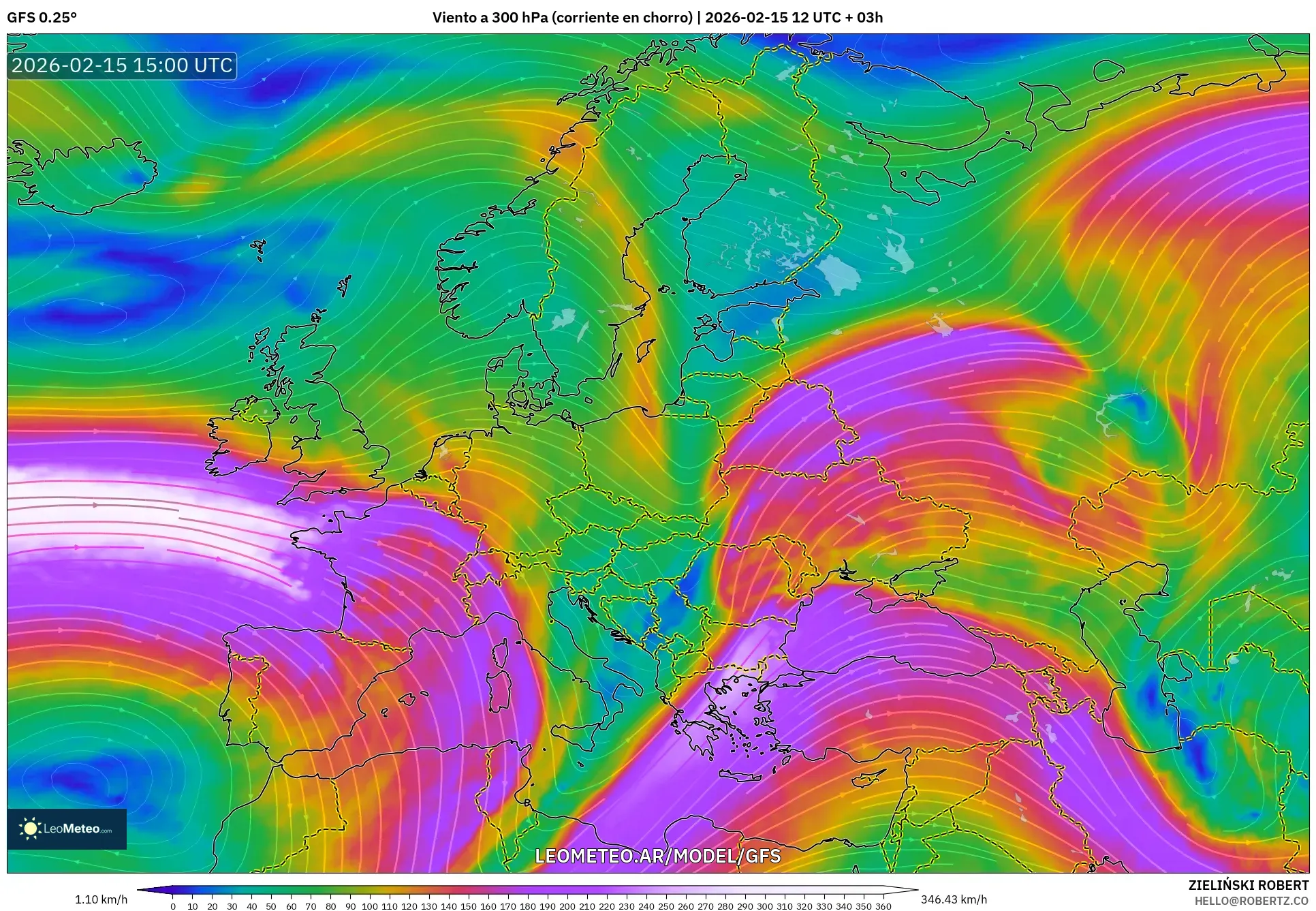 GFS model - Europa, Viento a 300 hPa (corriente en chorro)