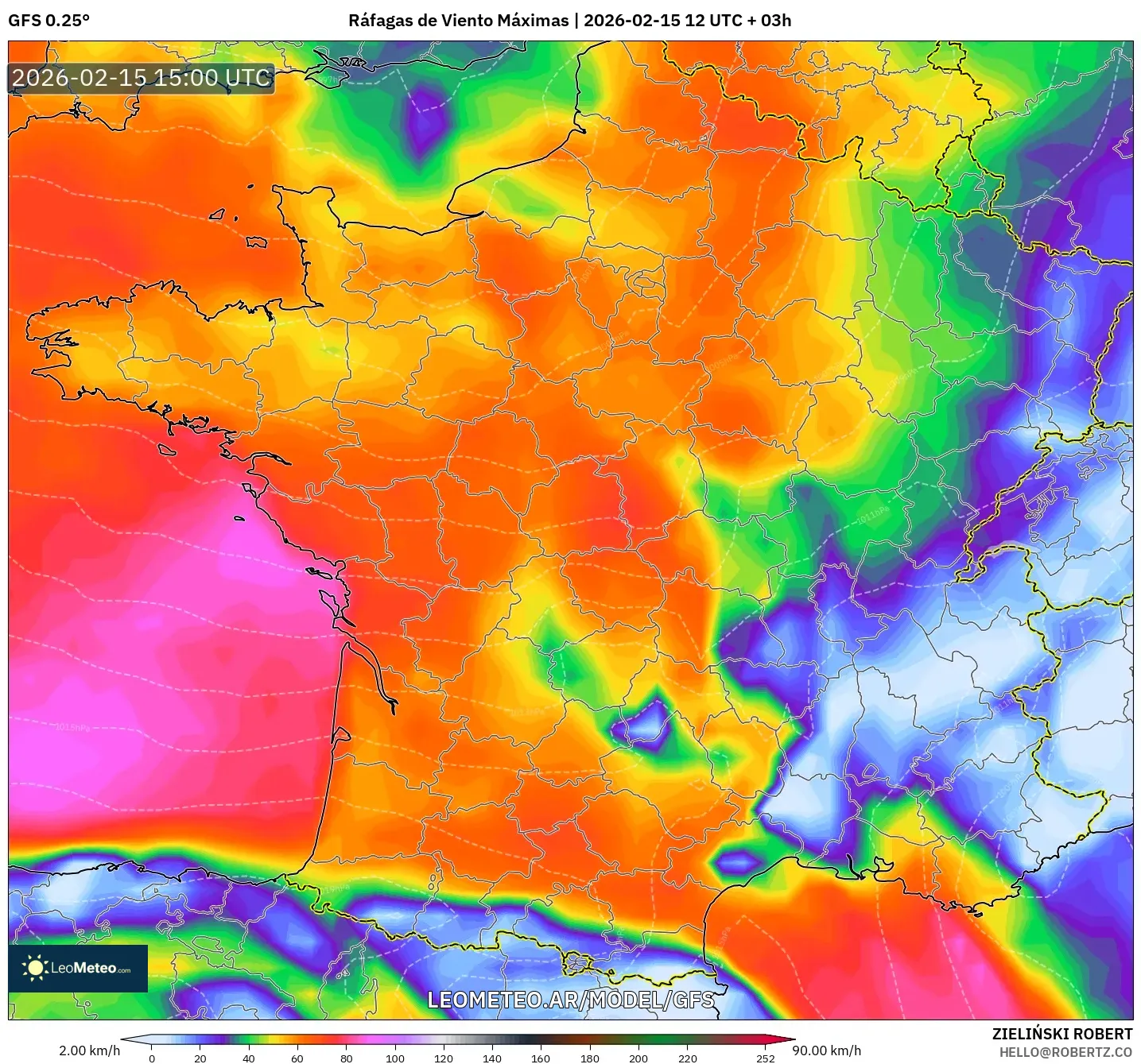 GFS model - Francia, Ráfagas de Viento Máximas