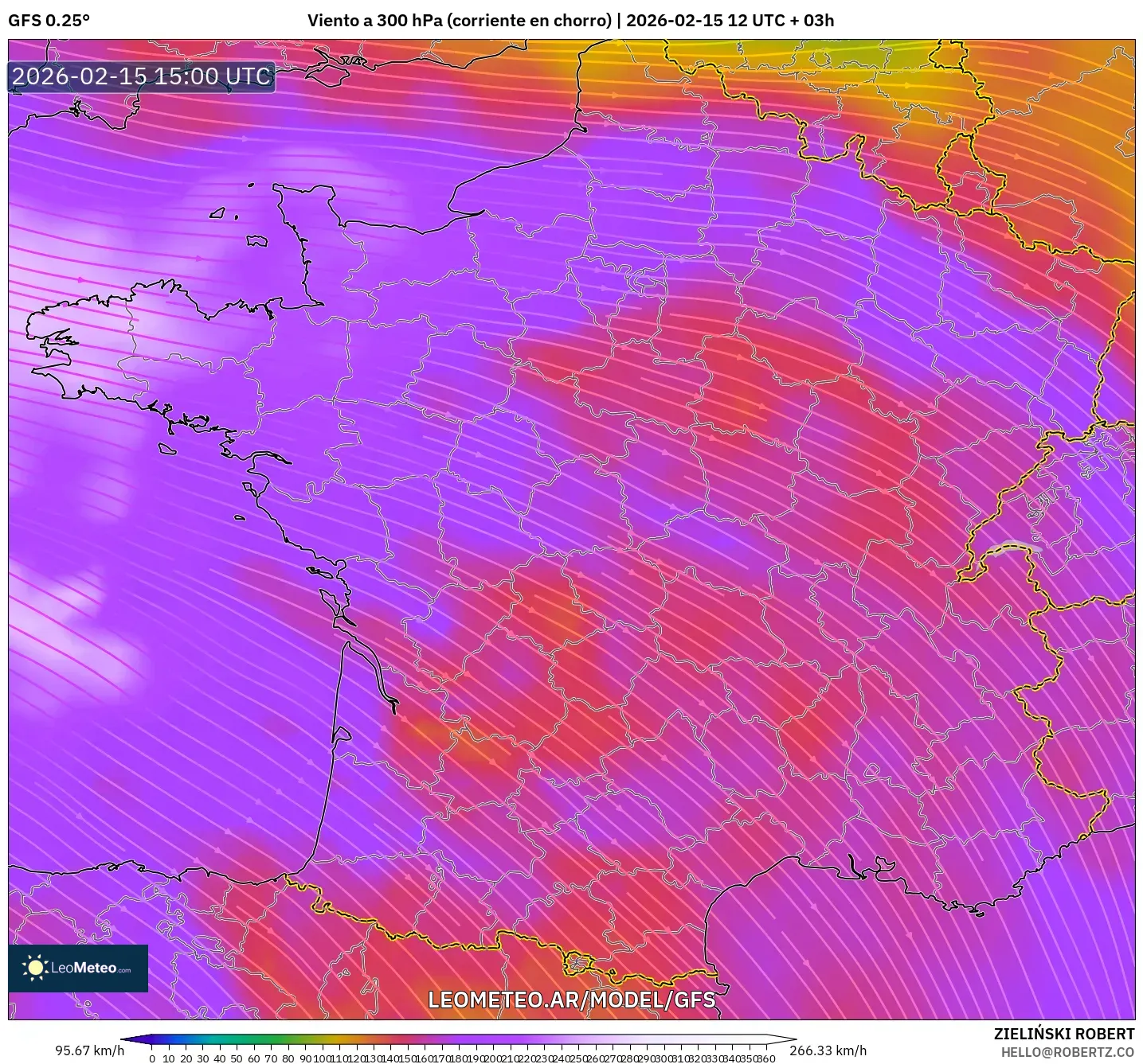GFS model - Francia, Viento a 300 hPa (corriente en chorro)