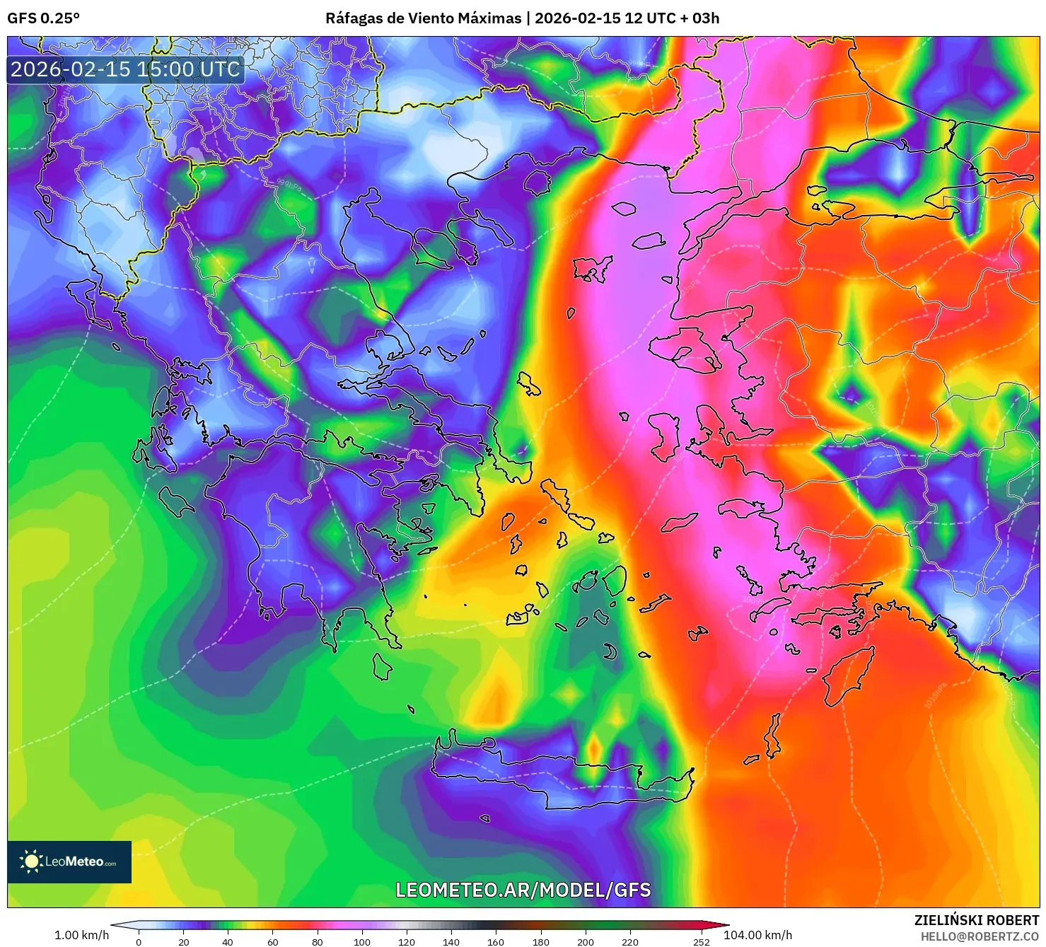 GFS model - Grecia, Ráfagas de Viento Máximas