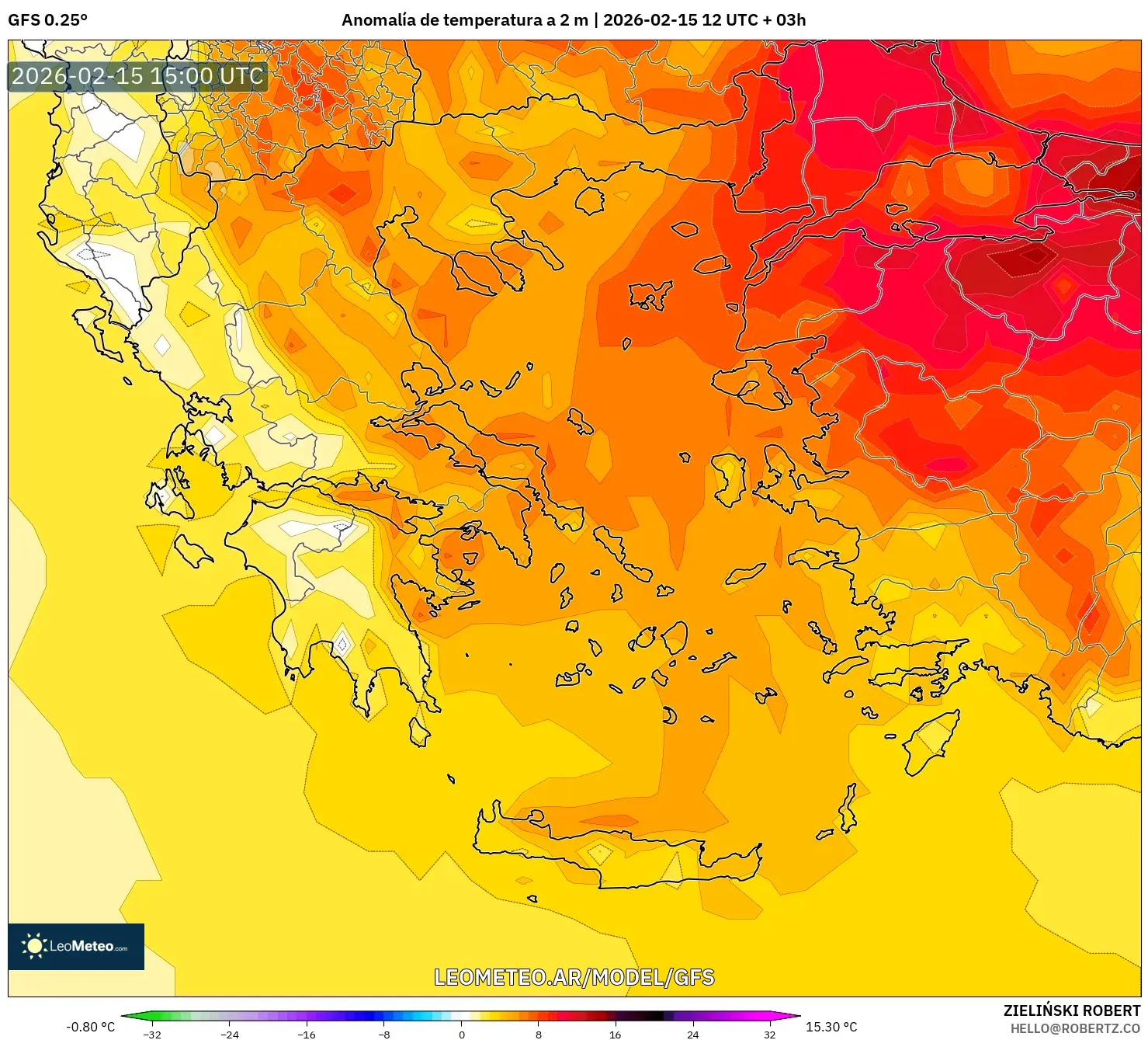 GFS model - Grecia, Anomalía de temperatura a 2 m
