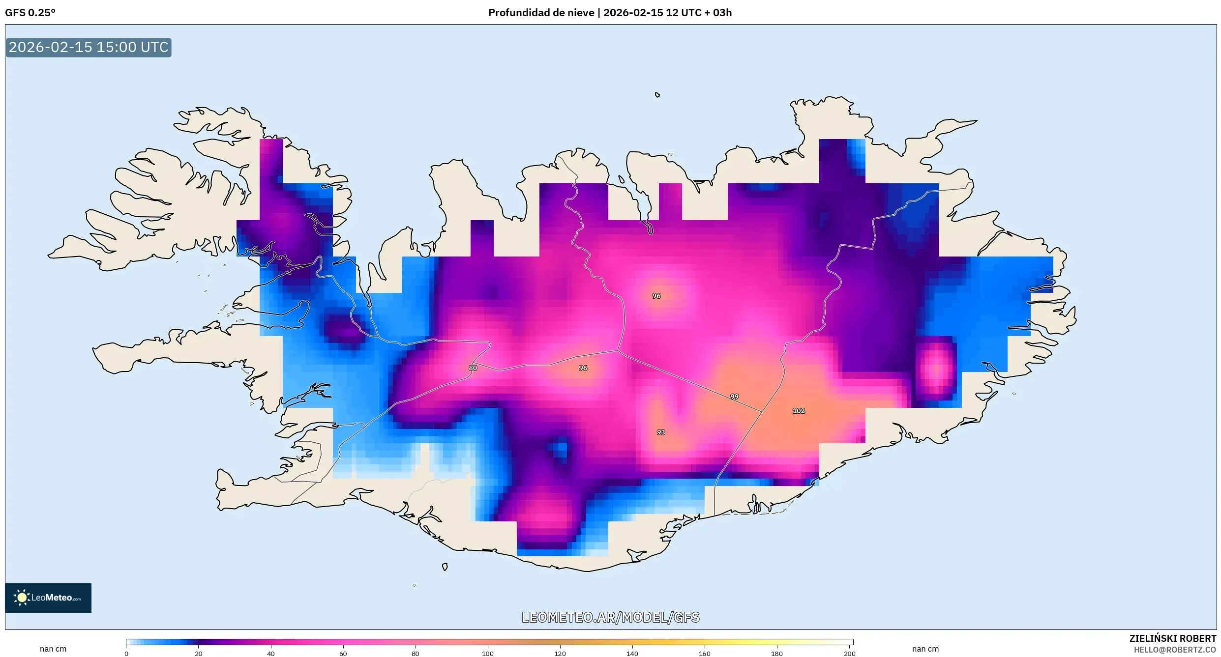 GFS model - Islandia, Profundidad de nieve