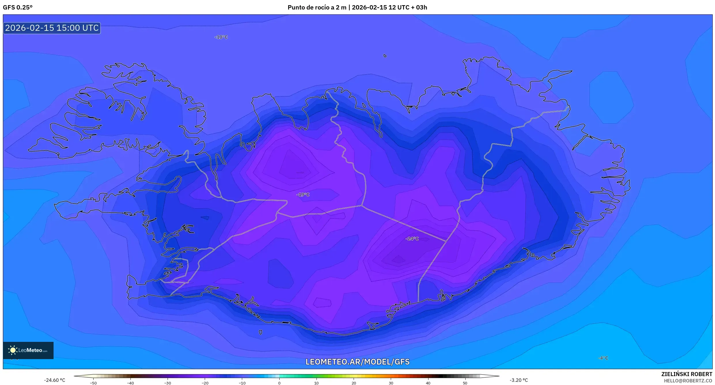 GFS model - Islandia, Punto de rocío a 2 m