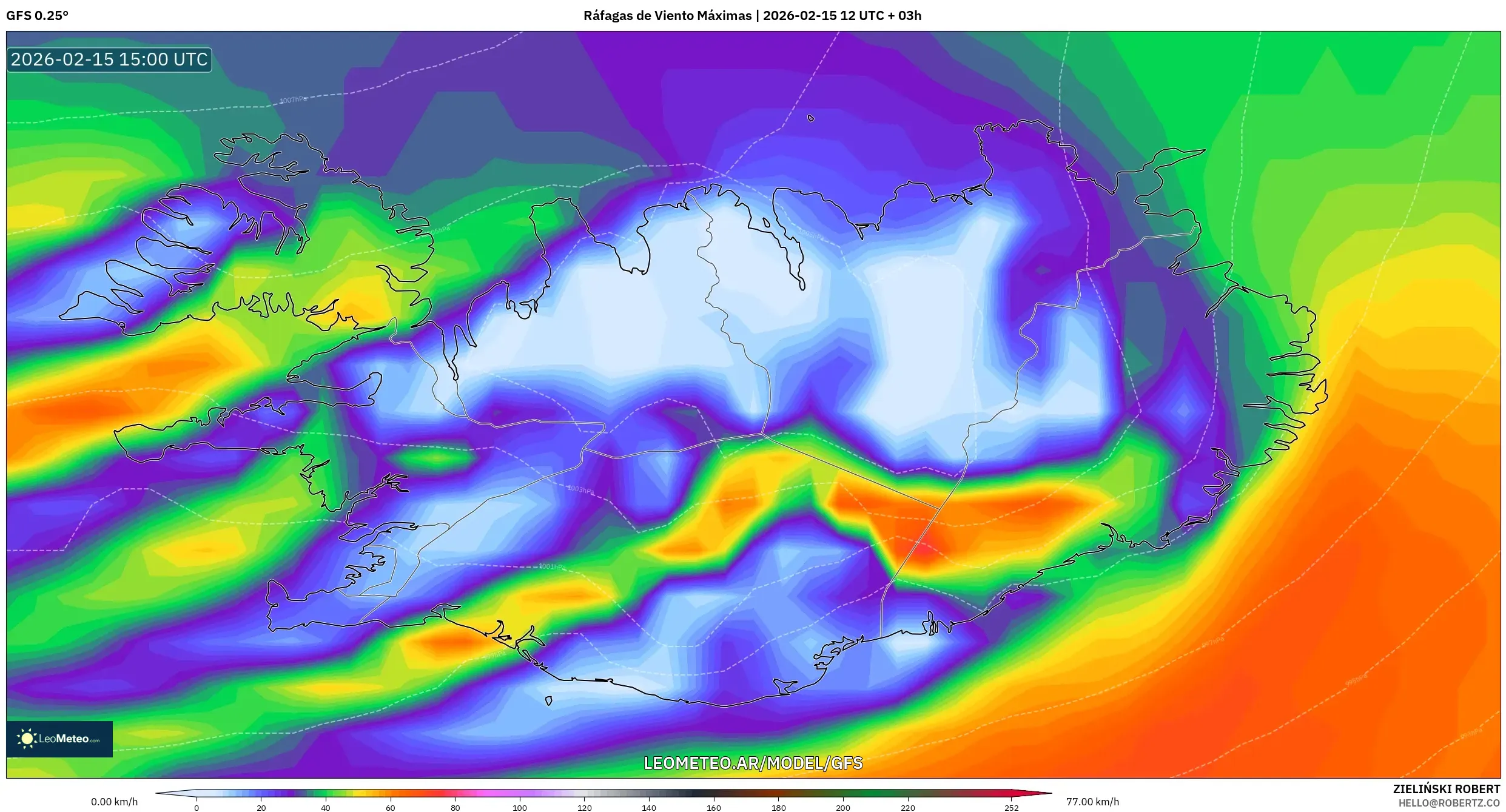 GFS model - Islandia, Ráfagas de Viento Máximas