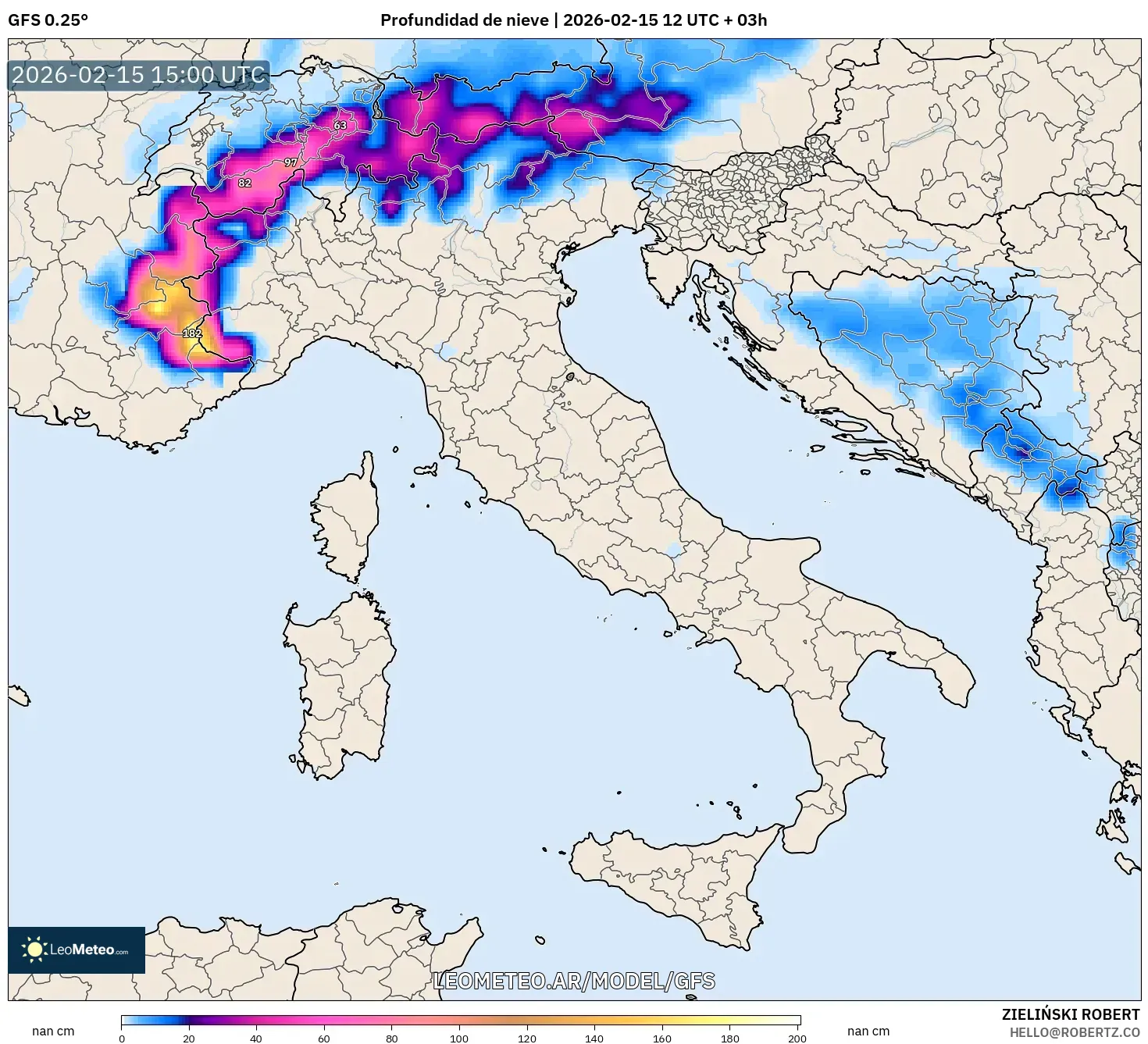 GFS model - Italia, Profundidad de nieve
