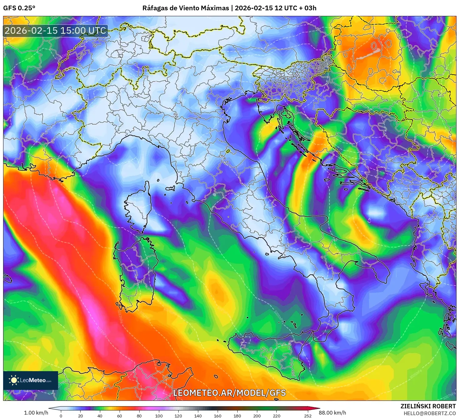 GFS model - Italia, Ráfagas de Viento Máximas