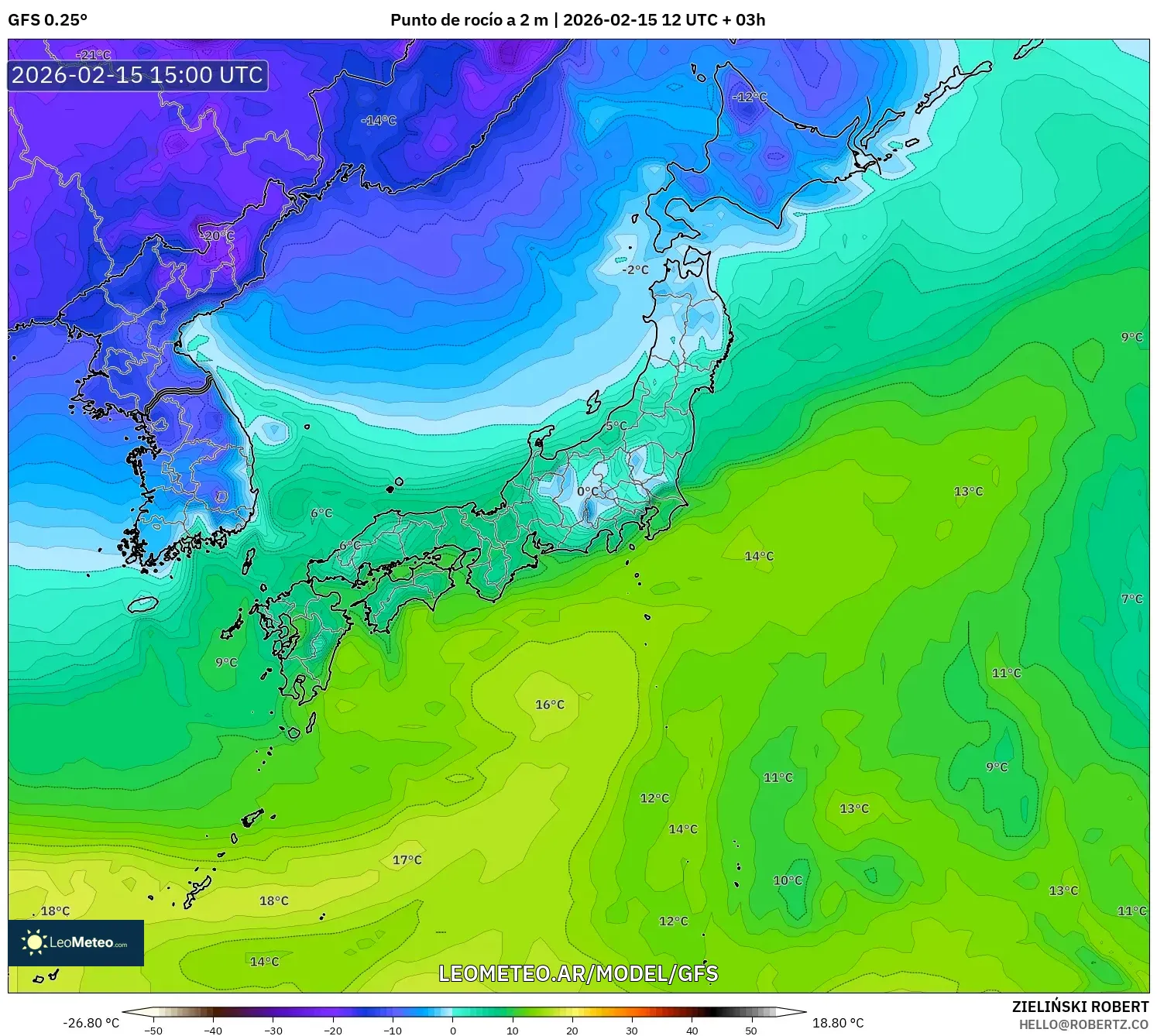 GFS model - Japón, Punto de rocío a 2 m