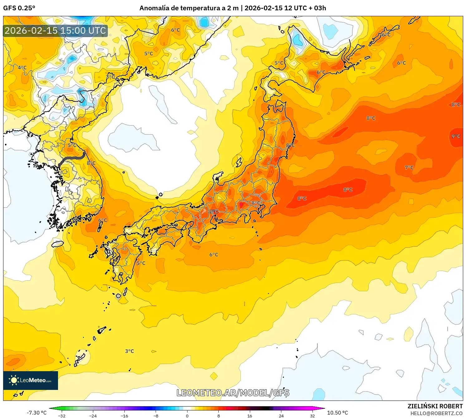 GFS model - Japón, Anomalía de temperatura a 2 m