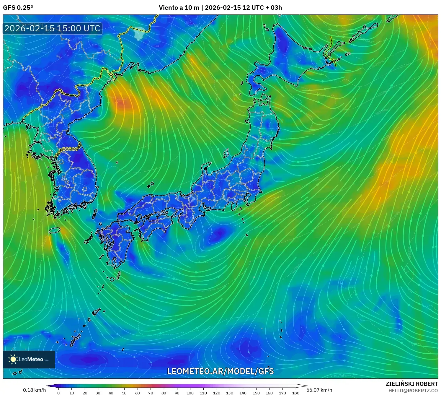 GFS model - Japón, Viento a 10 m