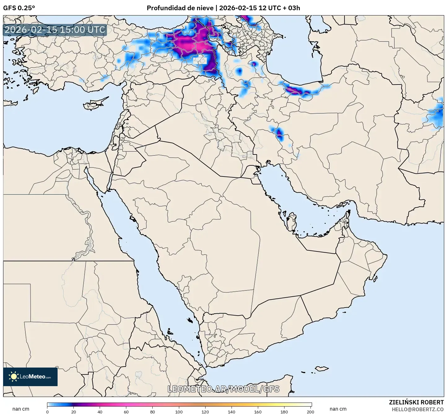 GFS model - Oriente Medio, Profundidad de nieve