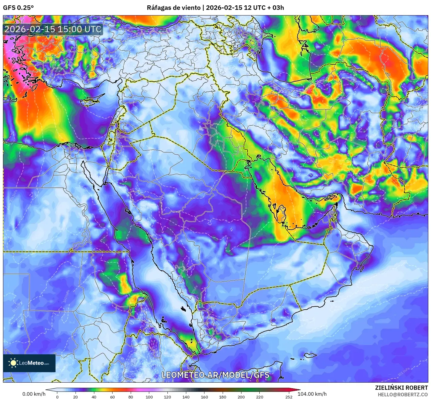GFS model - Oriente Medio, Ráfagas de viento