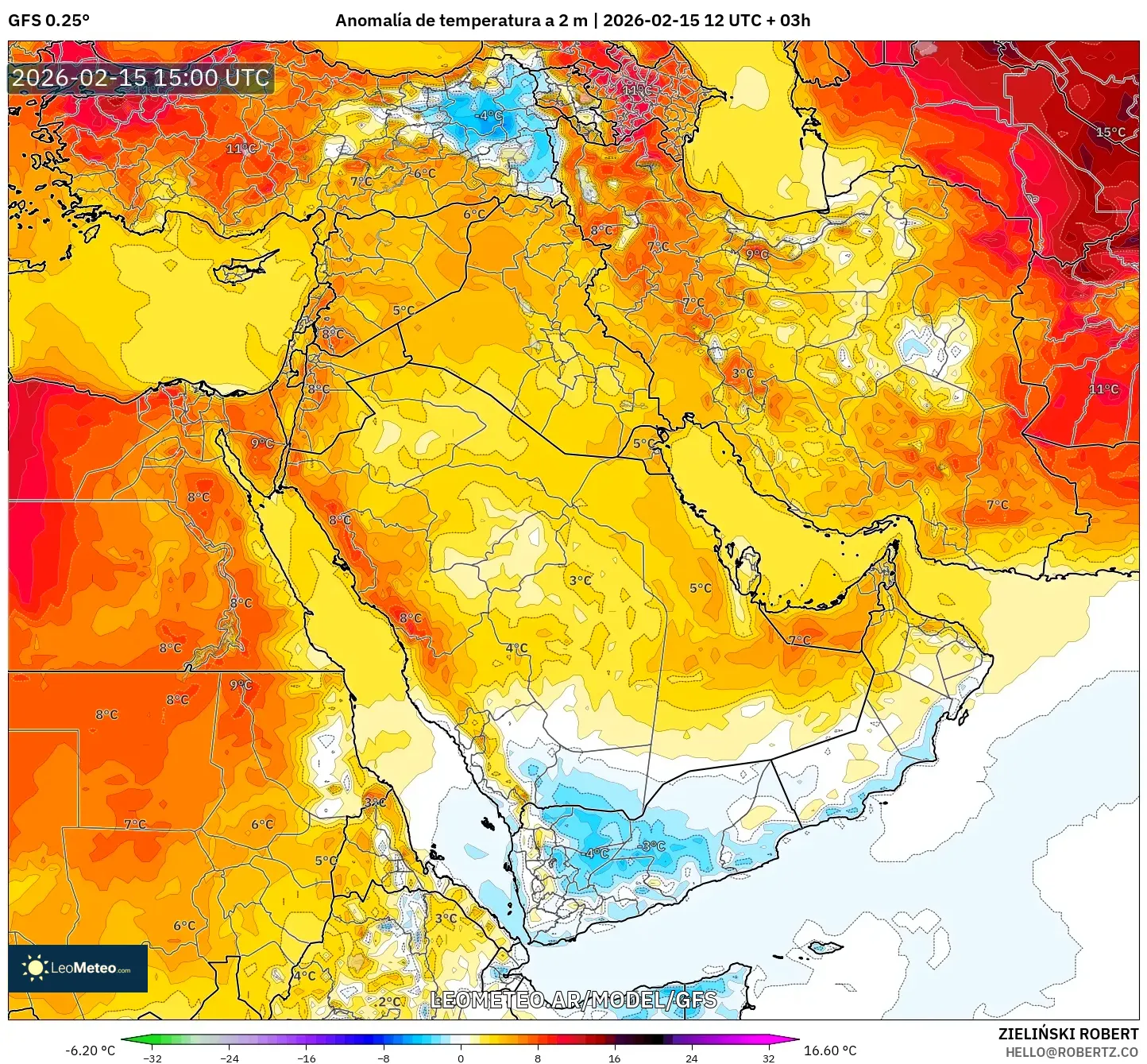 GFS model - Oriente Medio, Anomalía de temperatura a 2 m