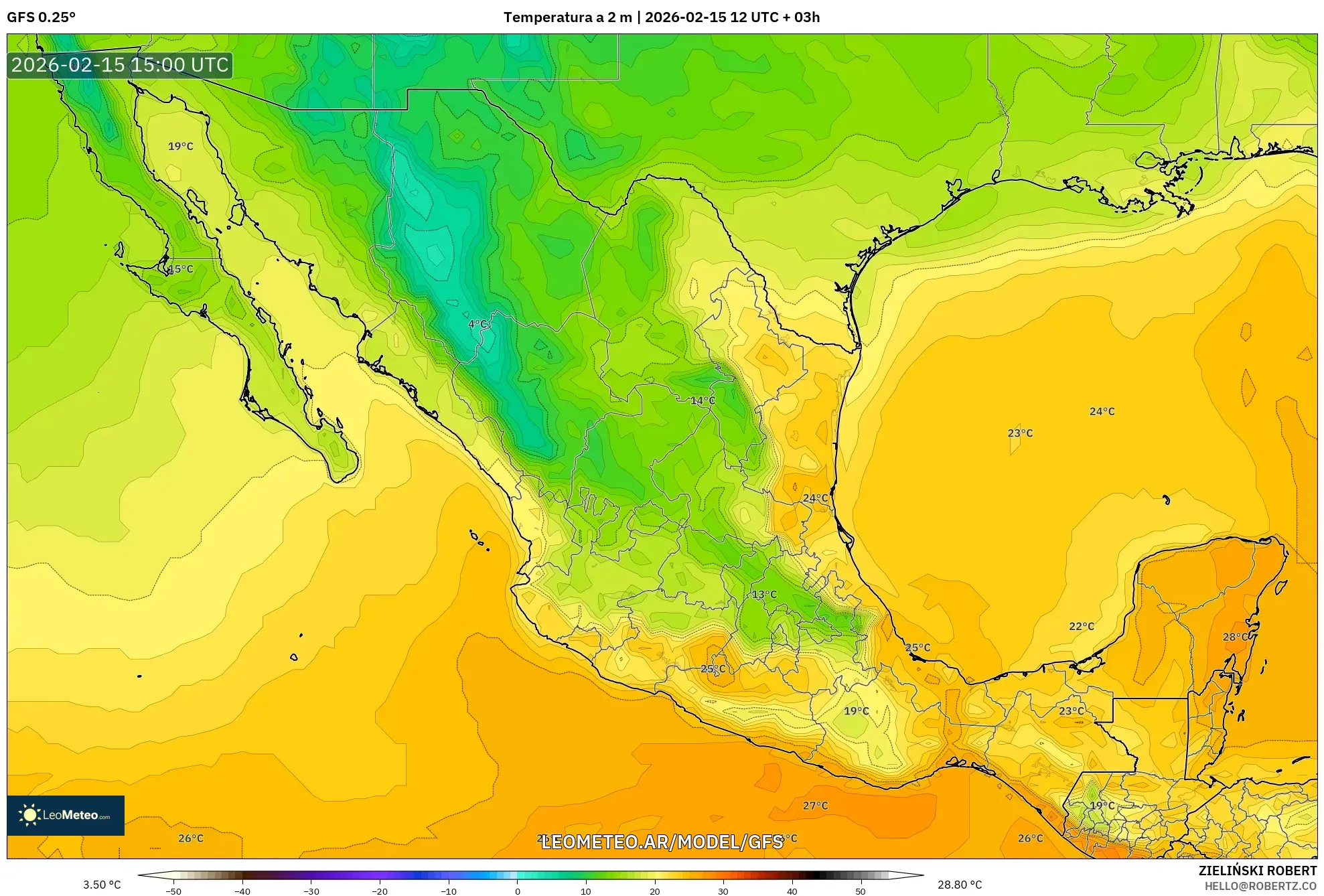 GFS model - México, Temperatura a 2 m