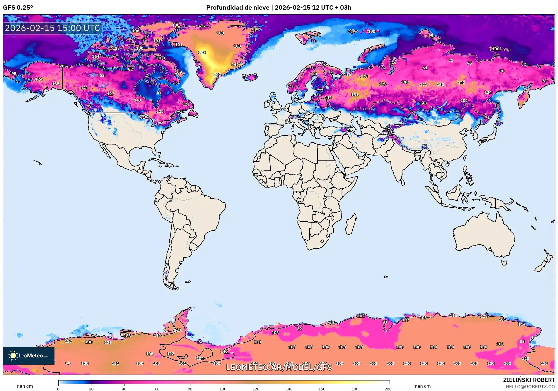 GFS model - Mundo, Profundidad de nieve