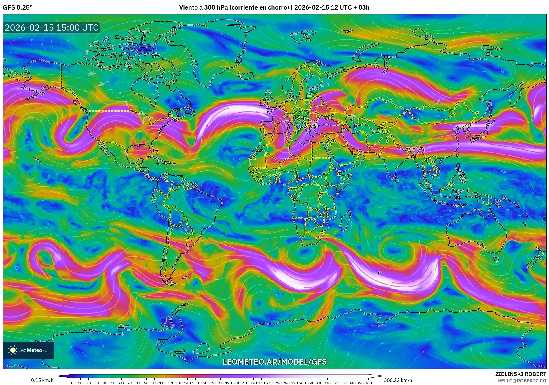 GFS model - Mundo, Viento a 300 hPa (corriente en chorro)