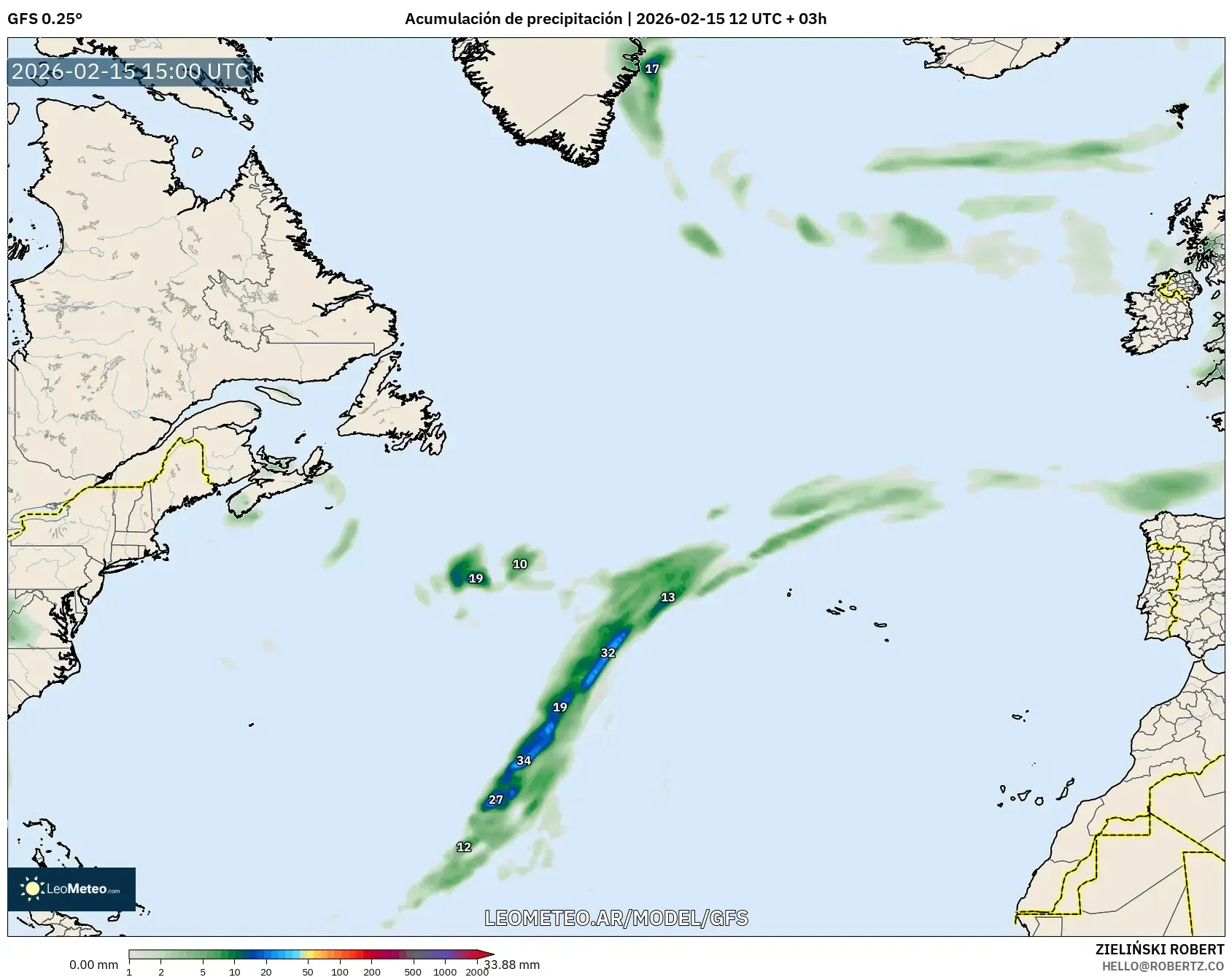 GFS model - Norte Atlántico, Acumulación de precipitación