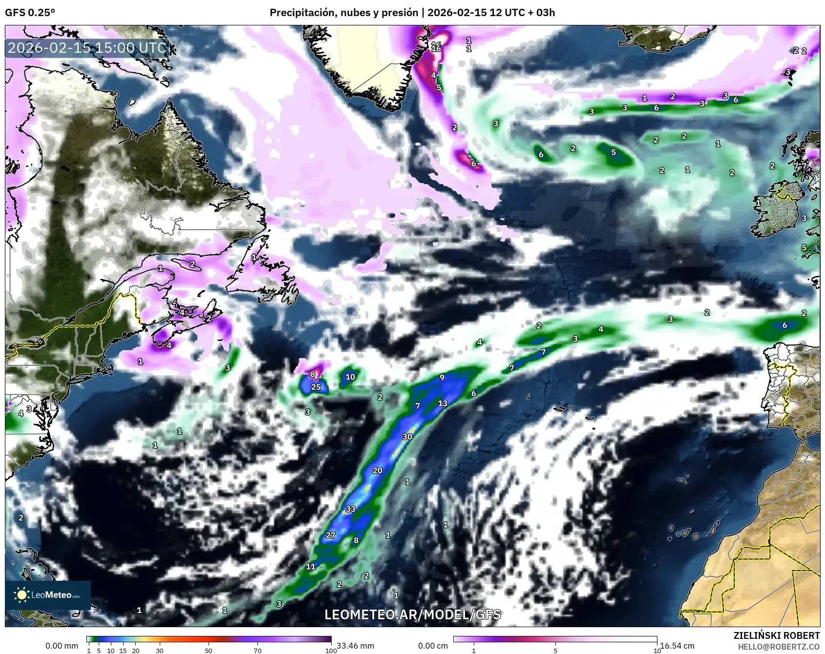 GFS model - Norte Atlántico, Precipitación, nubes y presión