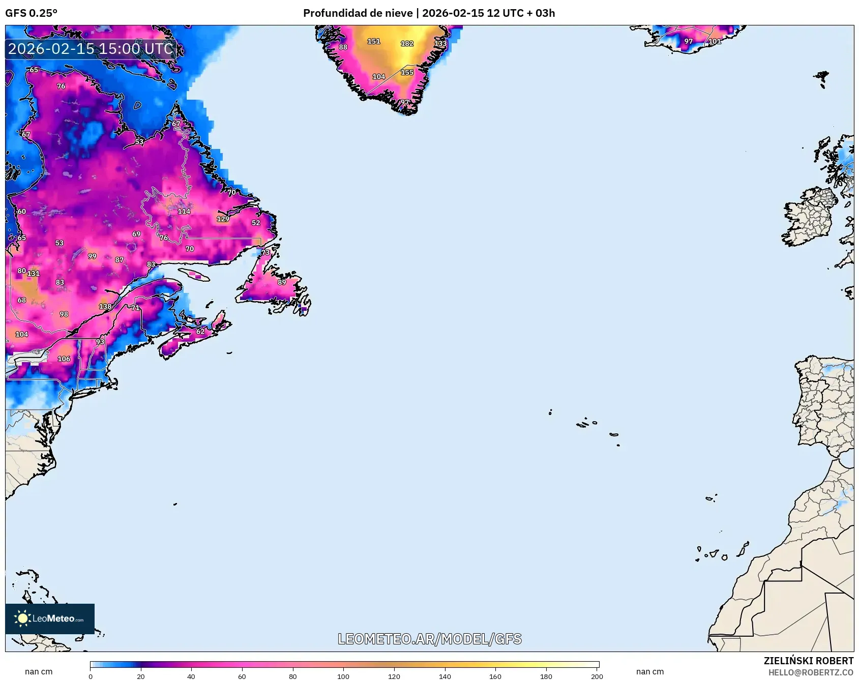 GFS model - Norte Atlántico, Profundidad de nieve