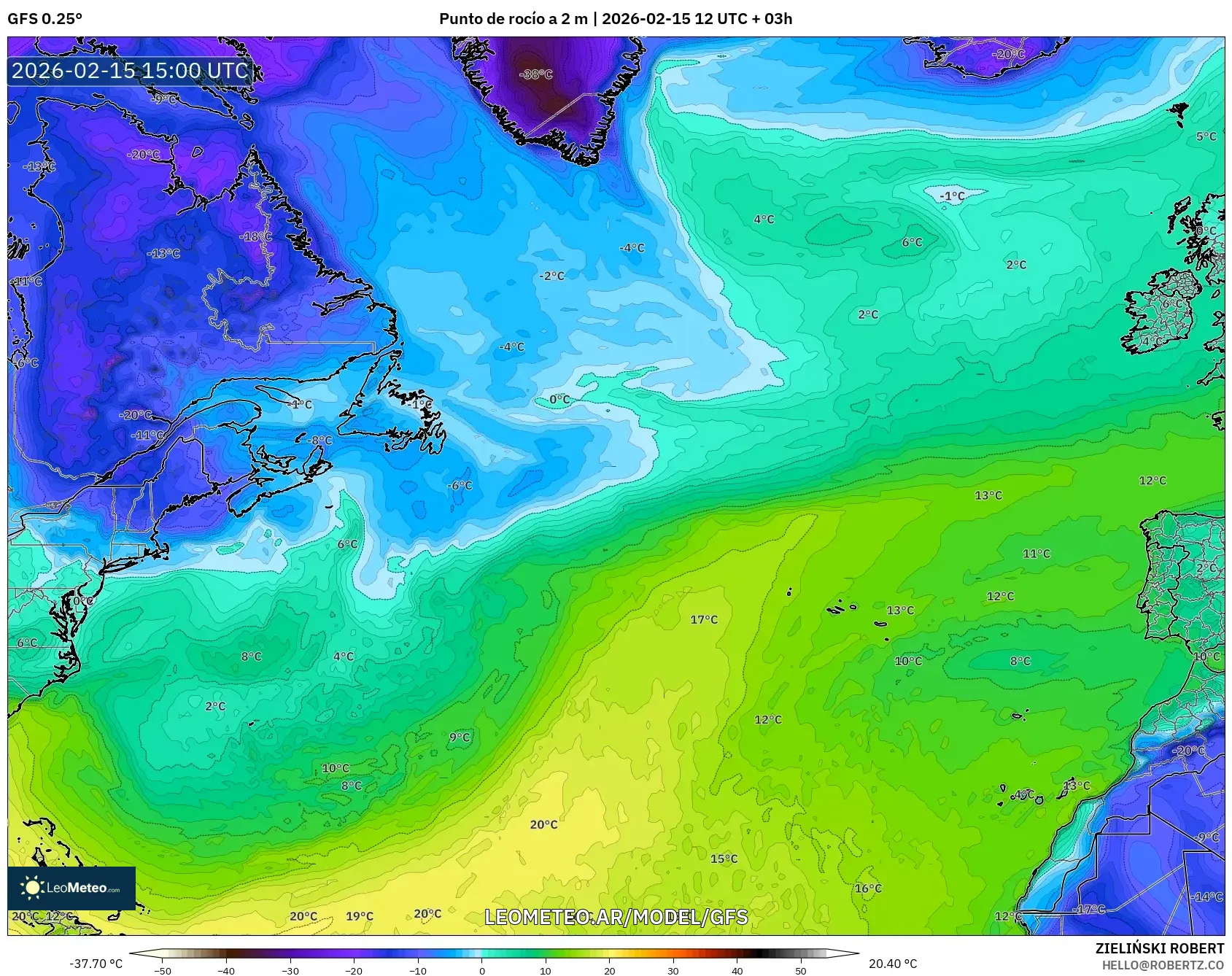 GFS model - Norte Atlántico, Punto de rocío a 2 m