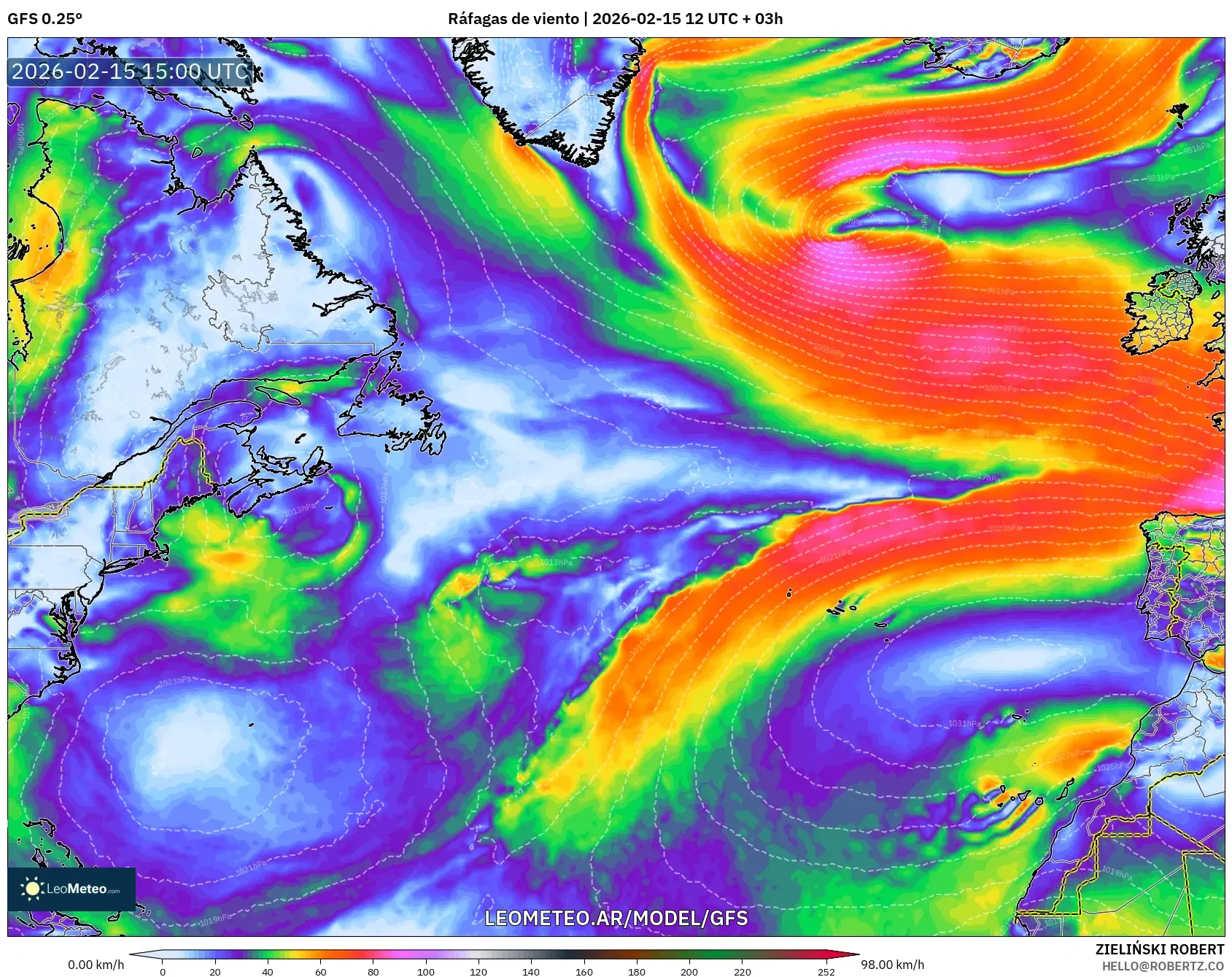 GFS model - Norte Atlántico, Ráfagas de viento