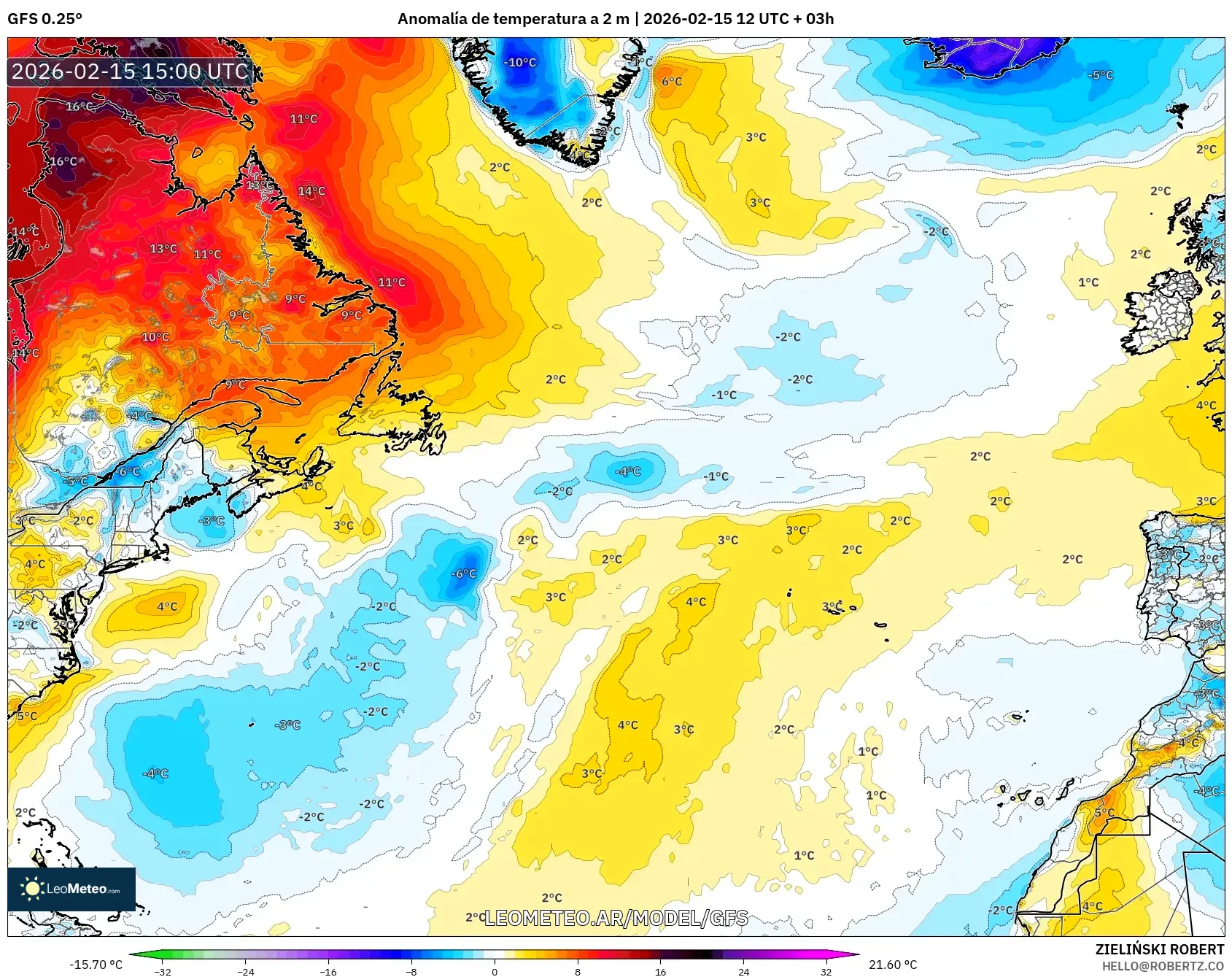 GFS model - Norte Atlántico, Anomalía de temperatura a 2 m
