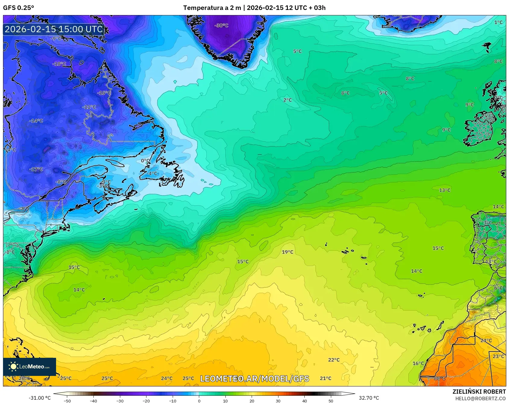 GFS model - Norte Atlántico, Temperatura a 2 m