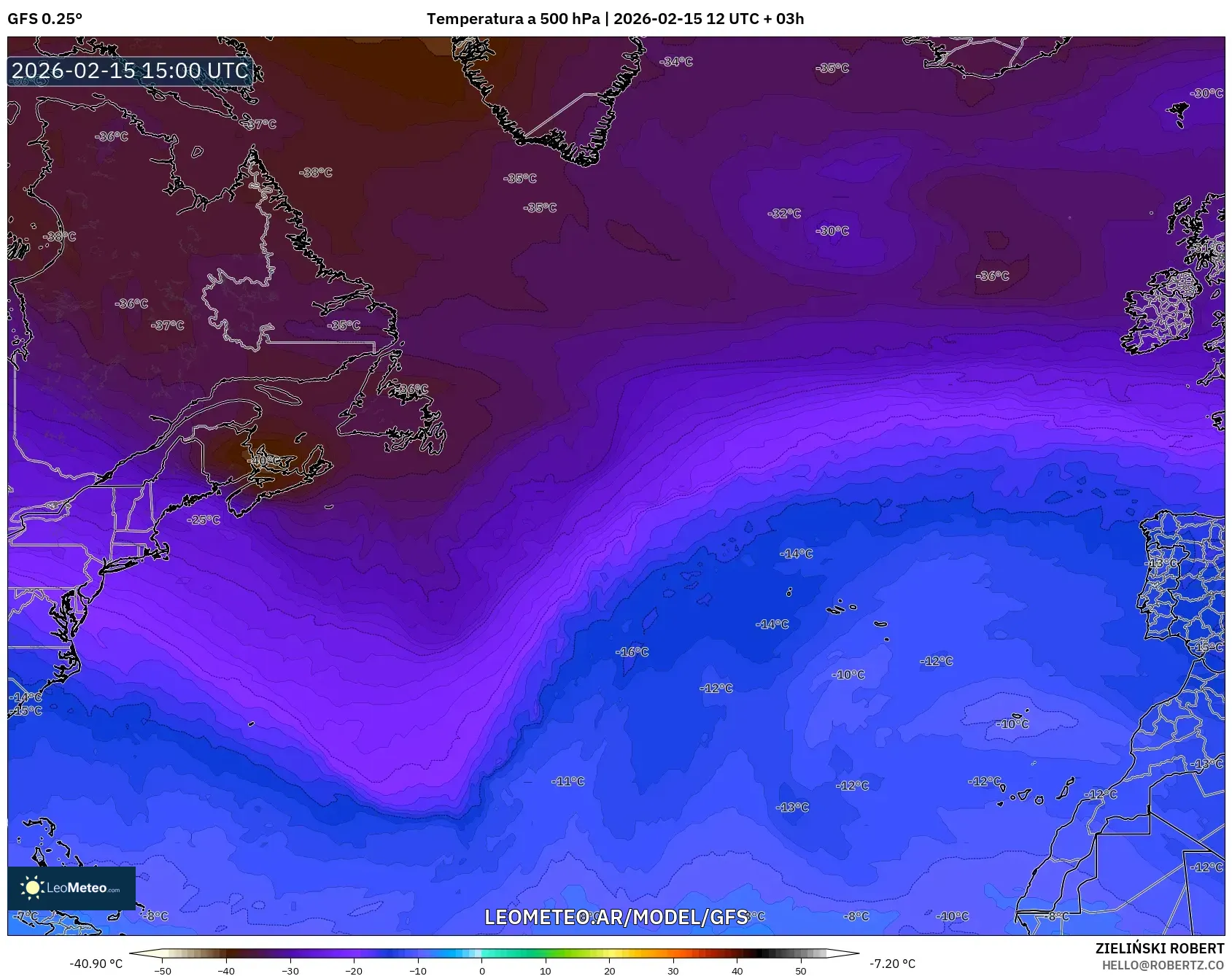 GFS model - Norte Atlántico, Temperatura a 500 hPa