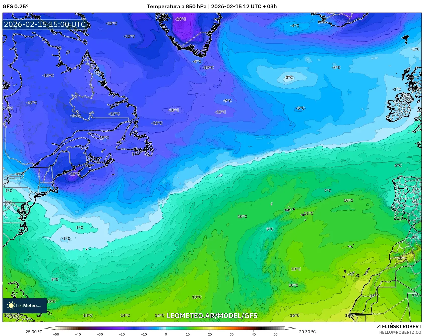 GFS model - Norte Atlántico, Temperatura a 850 hPa