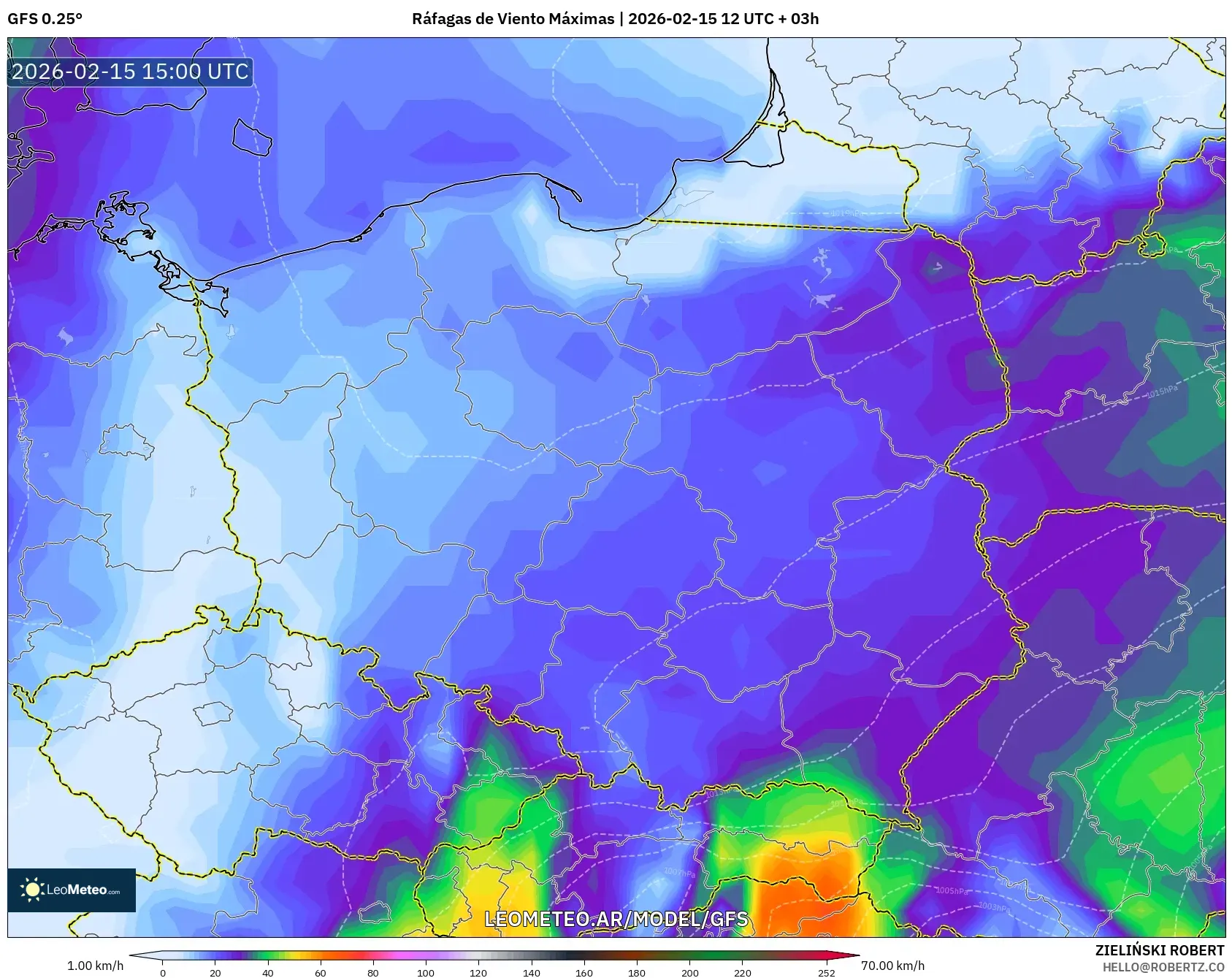 GFS model - Polonia, Ráfagas de Viento Máximas