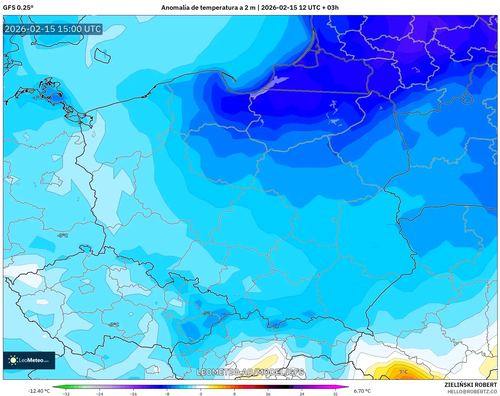 GFS model - Polonia, Anomalía de temperatura a 2 m