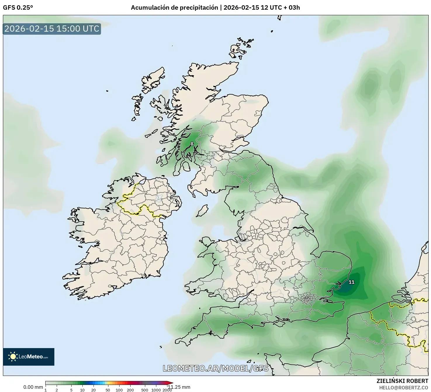 GFS model - Reino Unido, Acumulación de precipitación